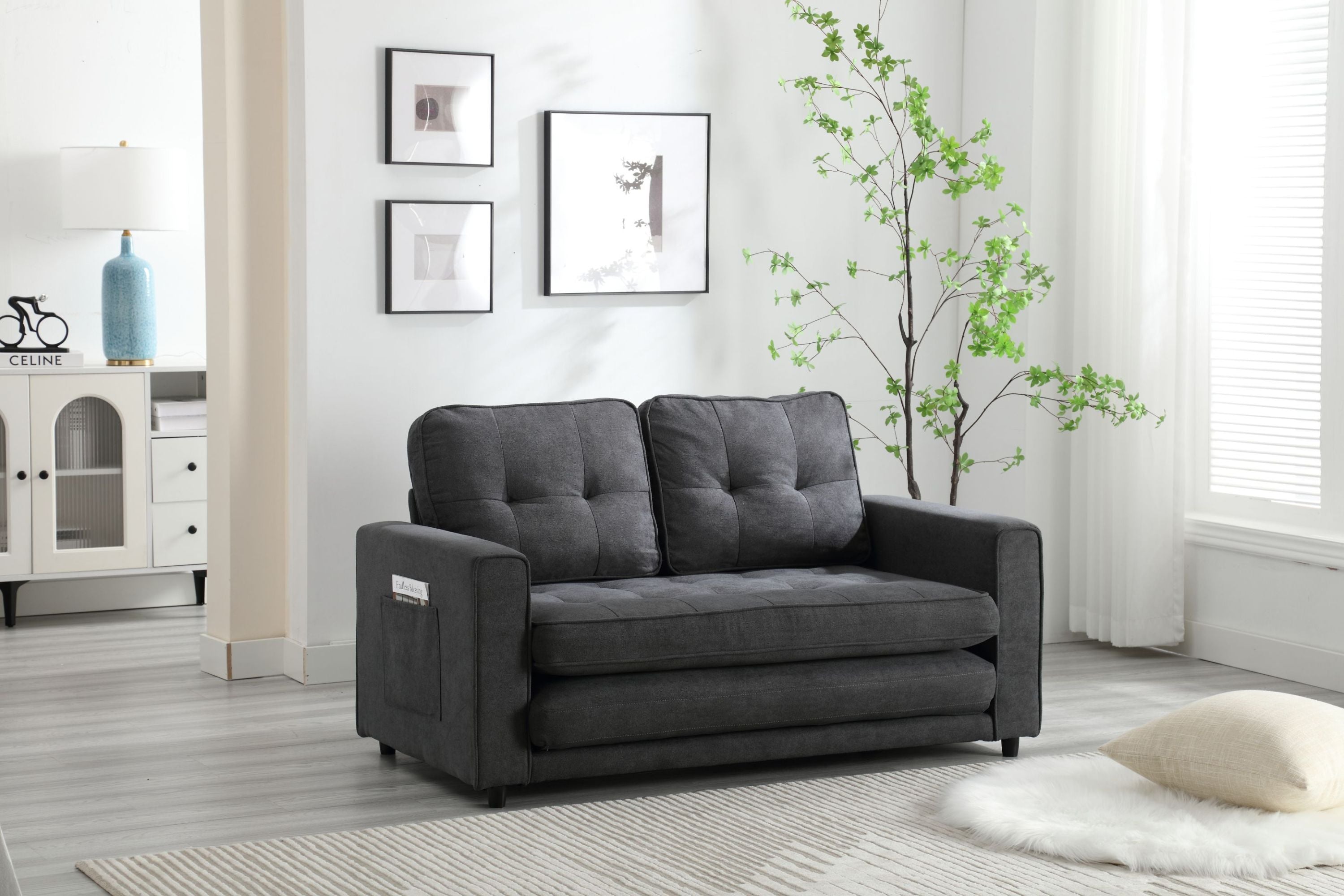 HAOYYE 3-Fold Convertible Futon Couch, Pull Out Sofa Bed, Space-Saving Loveseat Sleeper, Velvet Linen Fabric Upholstery, Heavy Duty Durable Sofa for Living Room, Modern Compact Design, Dark Gray, Light Gray, Beige