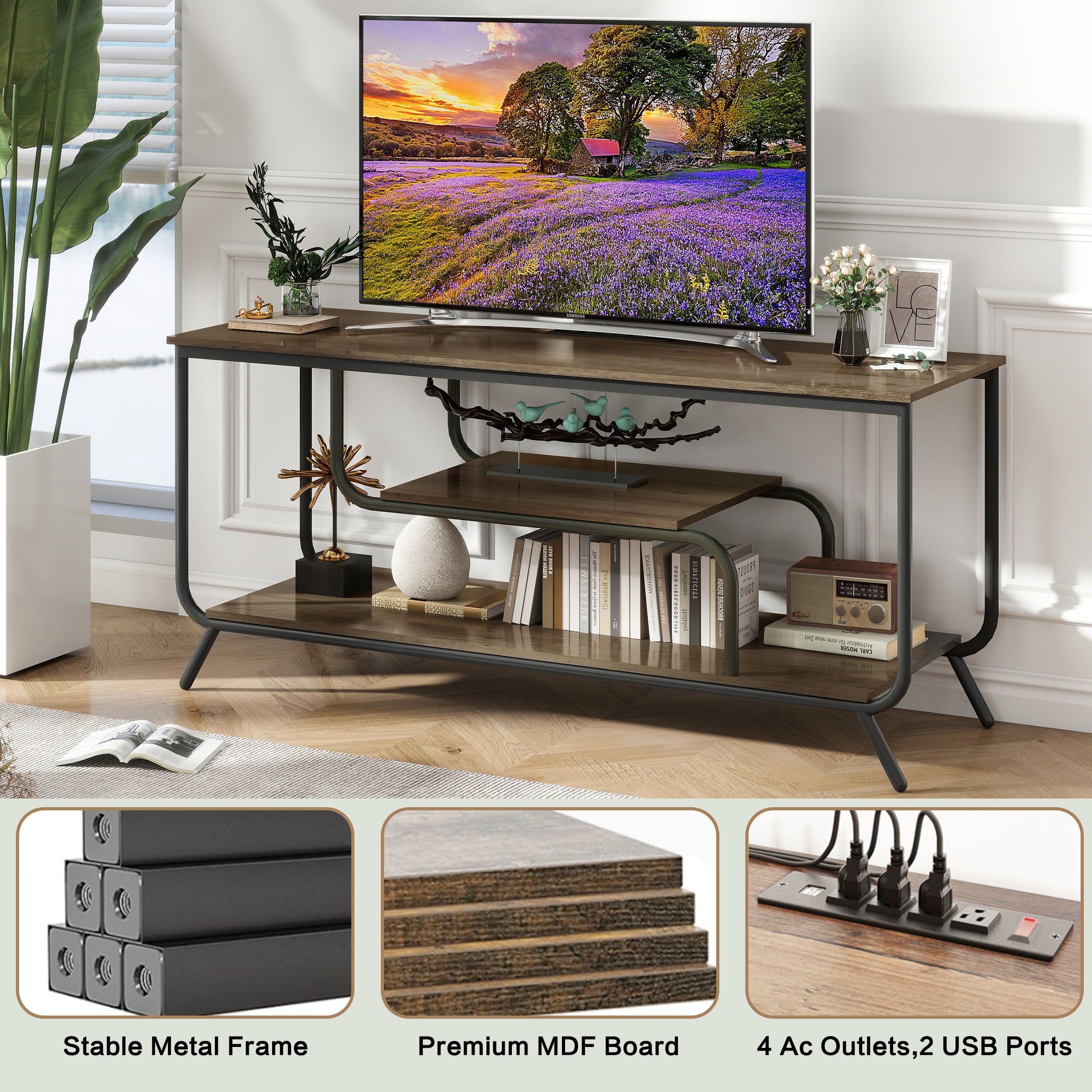 HAOYYE Modern TV Stand With Power Outlets And LED Lights, Entertainment Center With Shelves, TV Console Table For Living Room And Bedroom, Light Gray Sturdy Space-Saving Heavy Duty Design