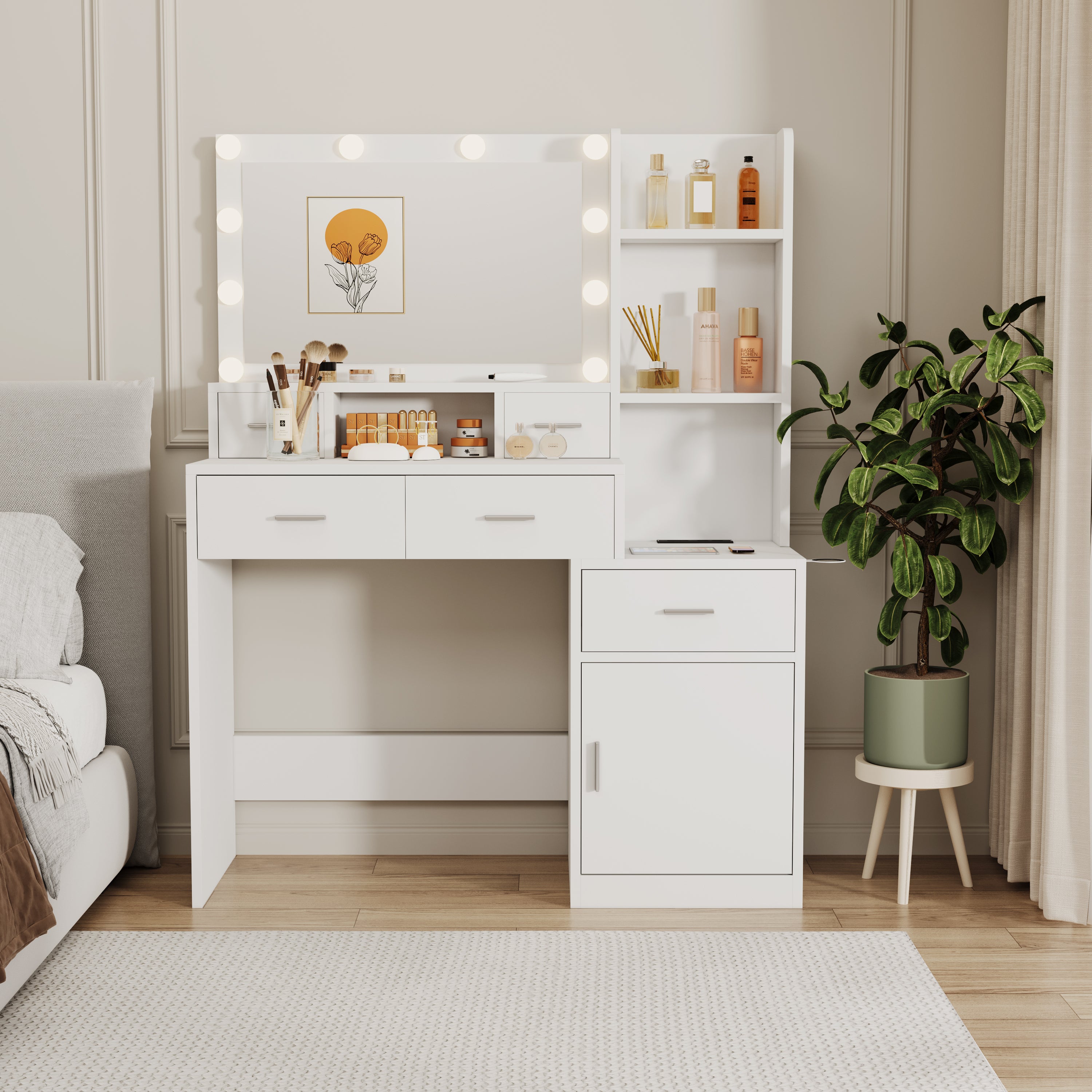HAOYYE Smart Mirror Dressing Table with Drawers and Storage Cabinet, Modern Design with Soft Dressing Pad, Sturdy Space-Saving Heavy Duty Construction, Ideal for Bedroom and Dressing Room, Perfect for Adults
