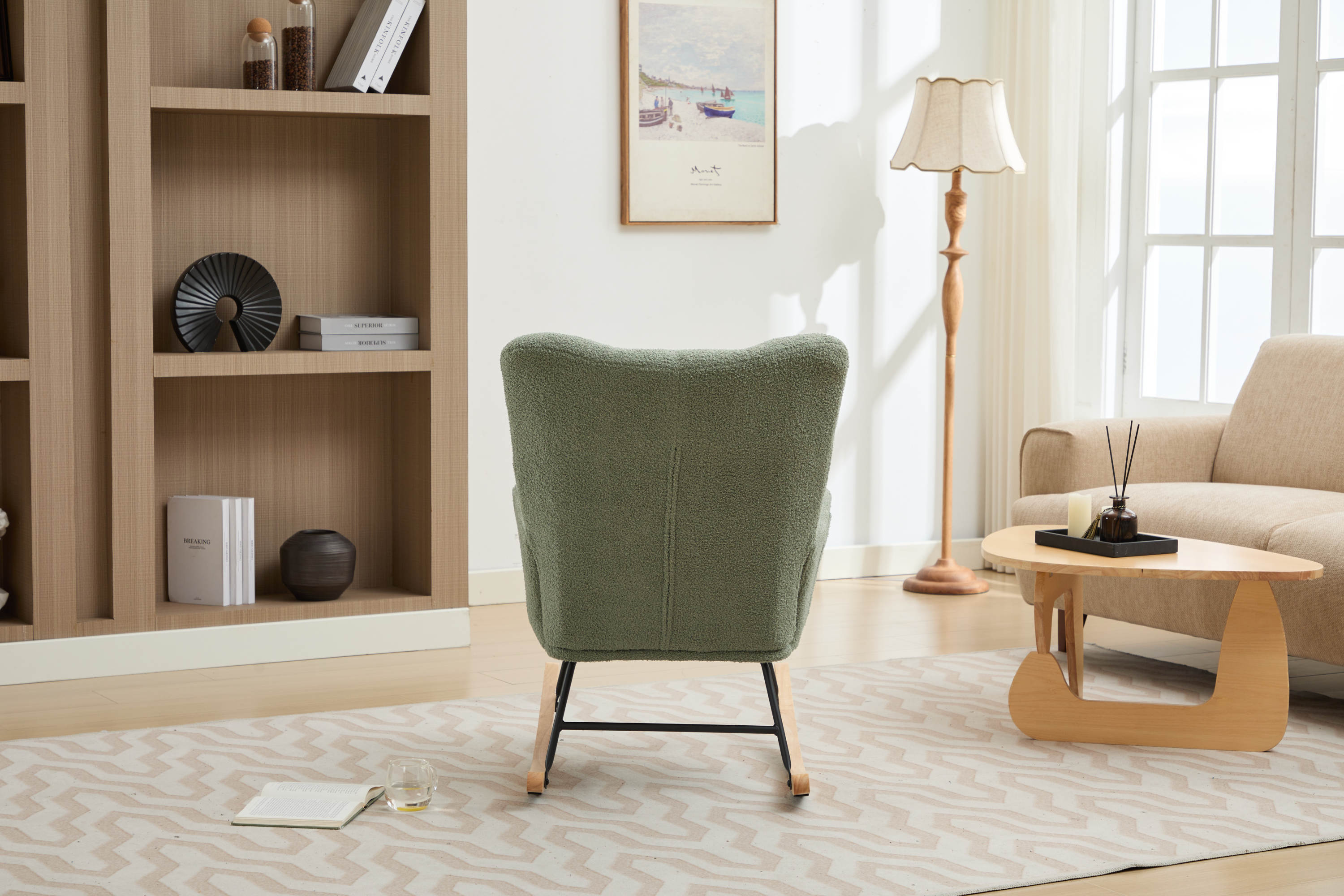 Haoyye Modern Upholstered Nursery Rocking Chair with High Backrest, Teddy Fabric Glider Accent Armchair with Solid Wood Legs and Metal Frame, Comfortable Rocker for Bedroom, Living Room or Lounge, Gentle Swing Chair in Green