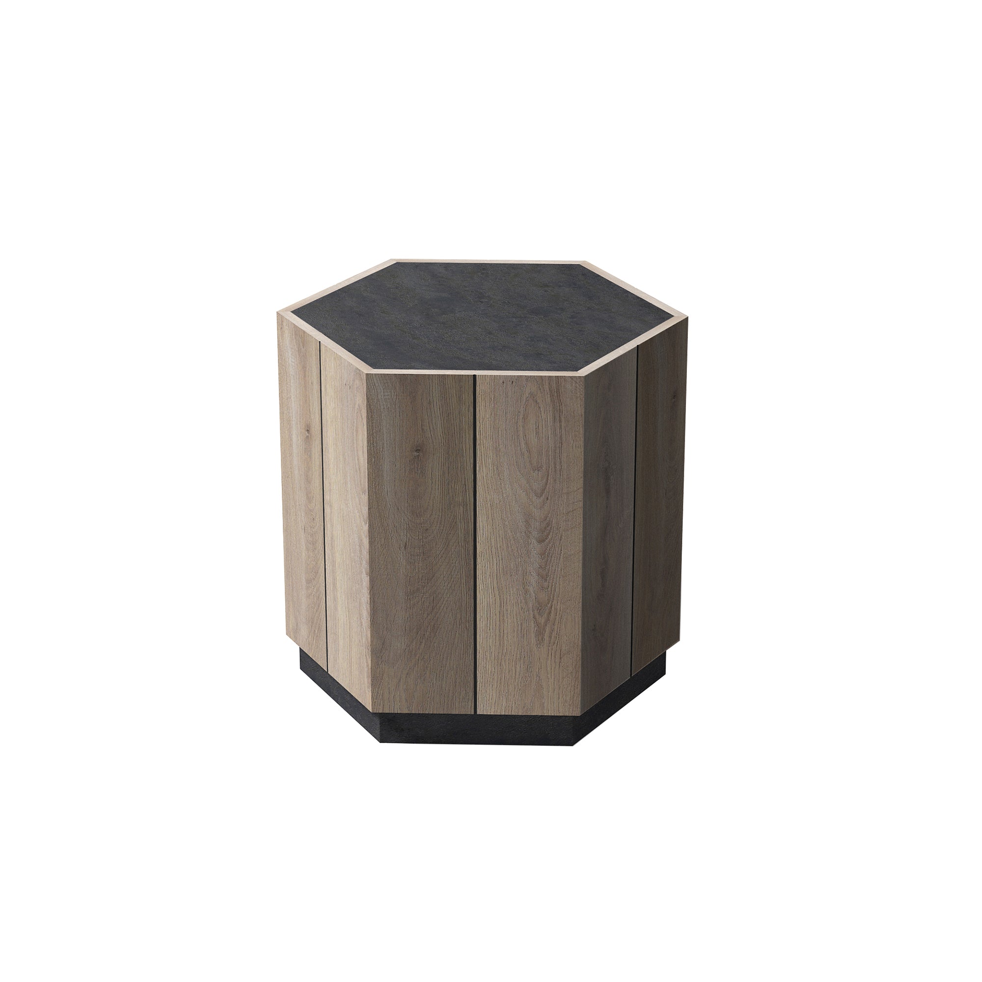 HAOYYE Hexagonal Rural-Style Side Table with Drawer, Textured Black and Warm Oak, Sturdy Space-Saving Design, Heavy Duty Construction, Modern Rustic Furniture for Living Room, Bedroom, or Corner Spaces