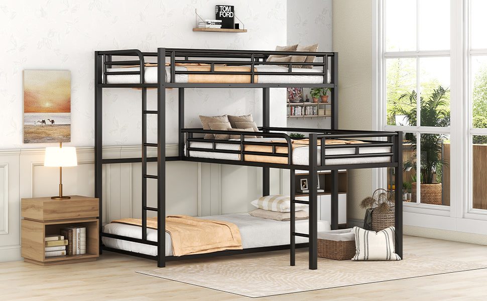 HAOYYE L-shaped Metal Triple Twin Size Bunk Bed, Black(OLD SKU:SM000605AAB) Sturdy Space-Saving Heavy Duty Modern Design Easy Assembly Durable Stylish Home Furniture Versatile