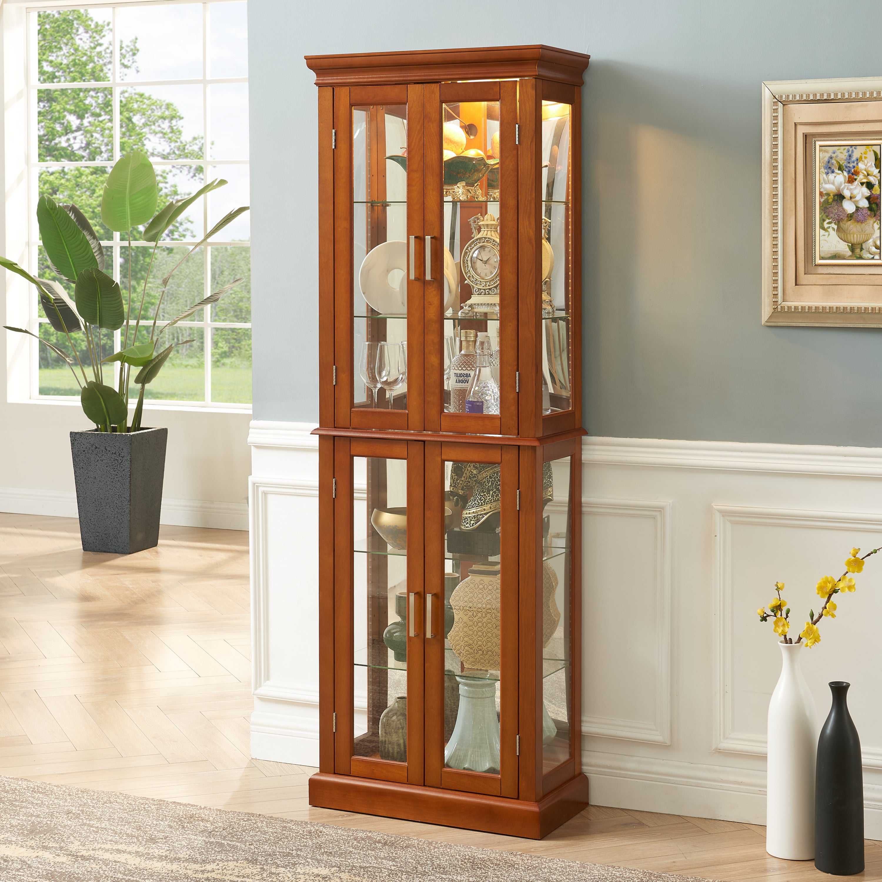 Haoyye Lighted Curio Cabinet with Adjustable Shelves Mirrored Back Panel Tempered Glass Doors Walnut 6 Tier Heavy Duty Space-Saving Sturdy Display Cabinet