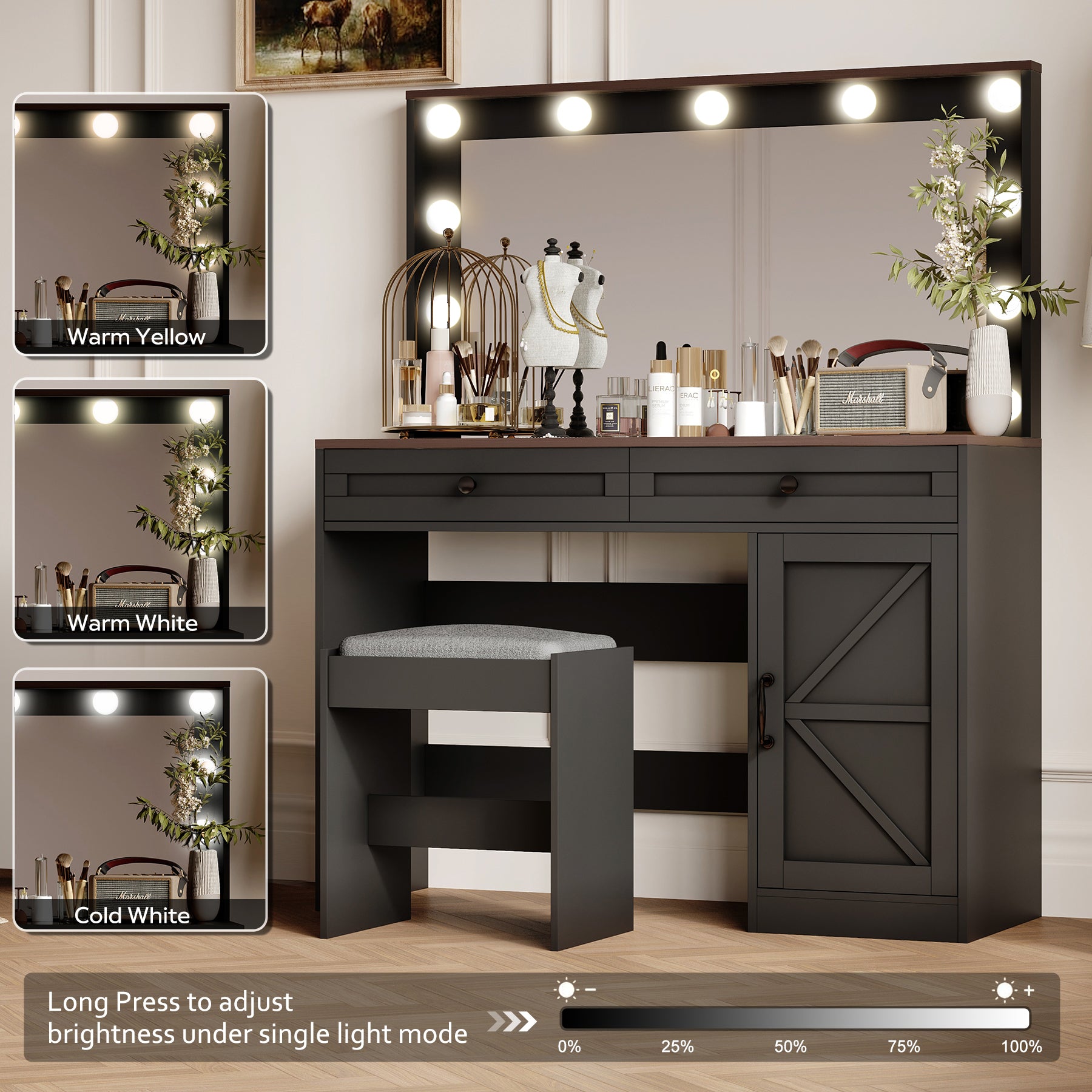 HAOYYE Makeup Vanity Table with Large Mirror and 11 LED Lights, Adjustable Brightness, Dressing Table Desk with 3 Drawers, Modern Vanity Desk for Women, Black with Stool, Sturdy and Space-Saving Design