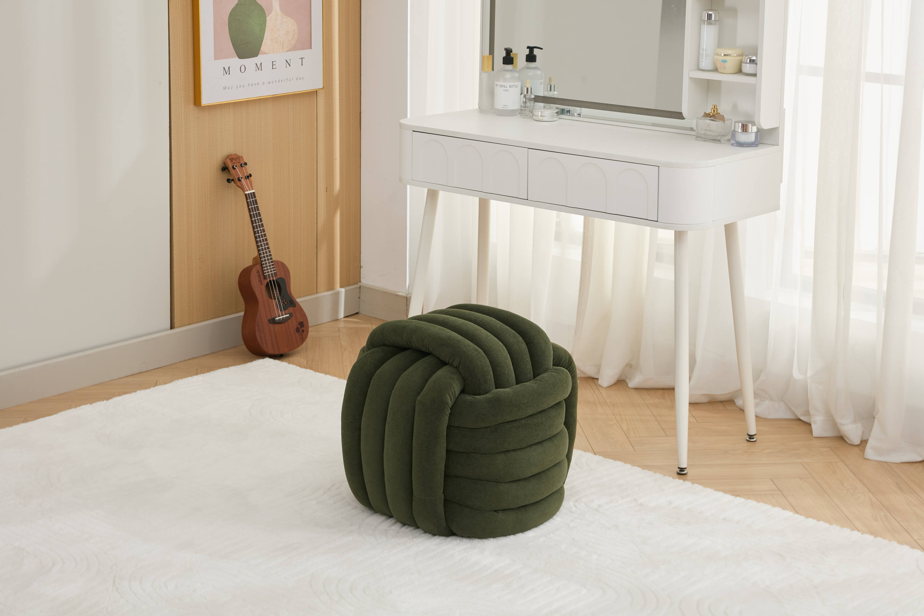 Haoyye Modern Chenille Fabric Knot Design Ottoman Makeup Stool Footstool, Comfortable and Stylish Seat, Perfect for Living Room and Bedroom, Space-Saving Heavy Duty Construction, Durable Furniture for Adults Dorm Room