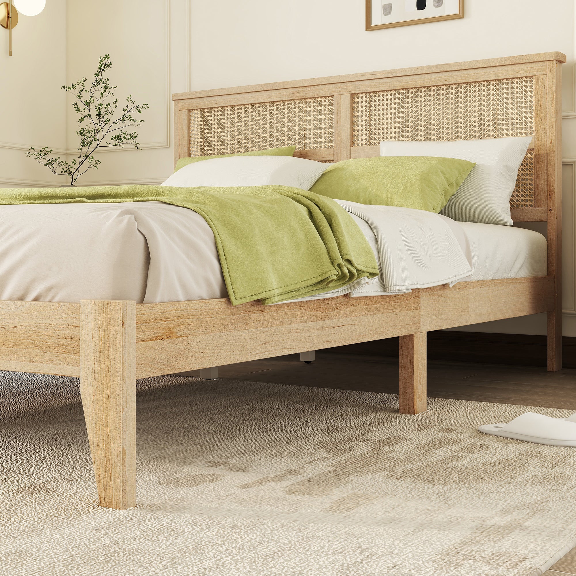 HAOYYE Queen Size Rubber Wooden, Solid Wooden Bed with Rattan Headboard, Enhanced by Support Feet,Oak White Sturdy Space-Saving Heavy Duty Modern Design Adults Dorm Room Easy Assembly Bedroom Furniture