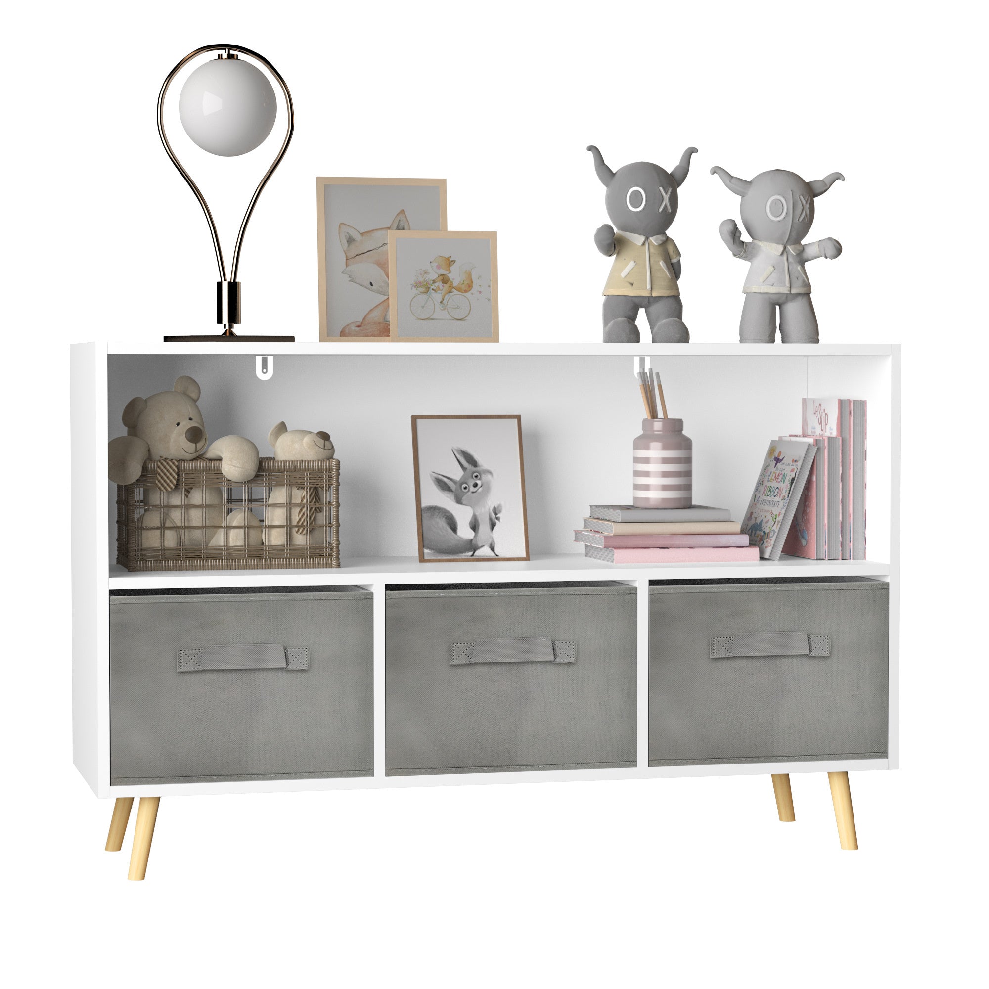 HAOYYE Bookcase with Collapsible Fabric Drawers, Book Display and Toy Storage Cabinet Organizer, White/Gray, Sturdy Space-Saving Design, Heavy Duty Construction, Easy Assembly, Durable and Stylish Home Furniture