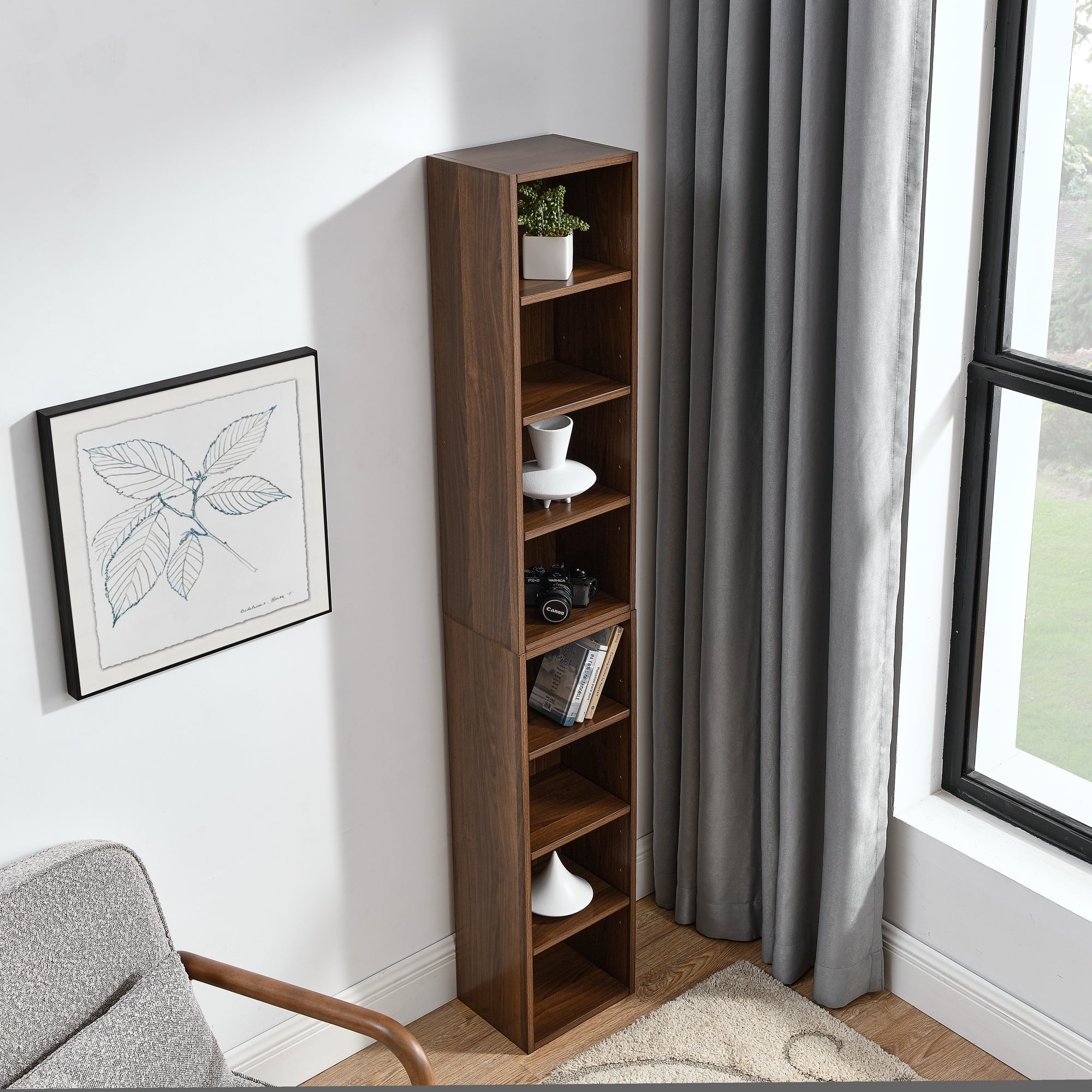 Haoyye 8-Tier Media Tower Rack, CD DVD Slim Storage Cabinet, Adjustable Shelves for Home Office, Multifunctional Double-Decker Bookcase, Sturdy Space-Saving Bookshelf for Tall Narrow Display