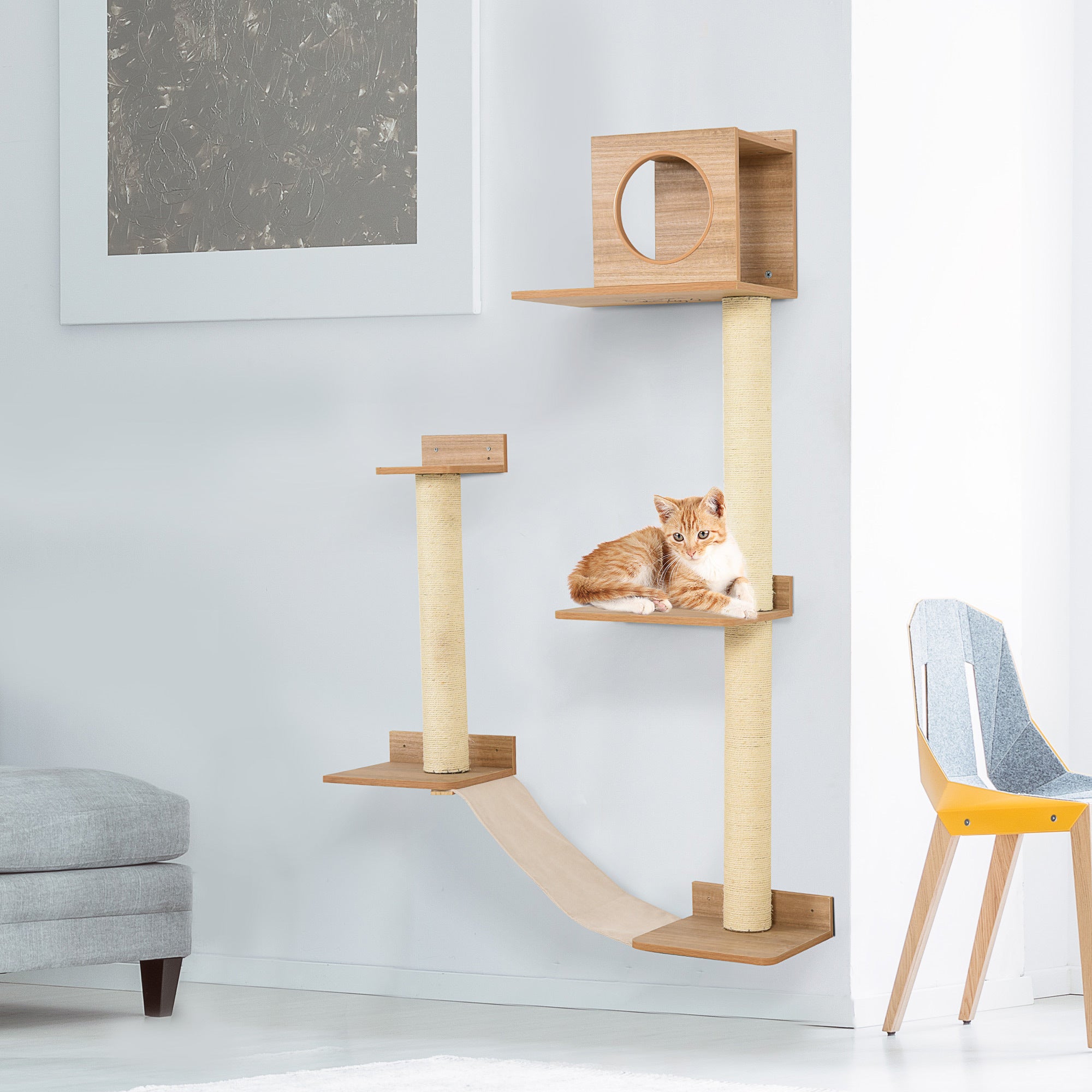 HAOYYE Wall-Mounted Multi-Level Cat Tree Activity Tower with Sisal-Covered Scratching Posts & an Interior Condo Area Sturdy Space-Saving Heavy Duty Modern Design Adults Dorm Room Easy Assembly