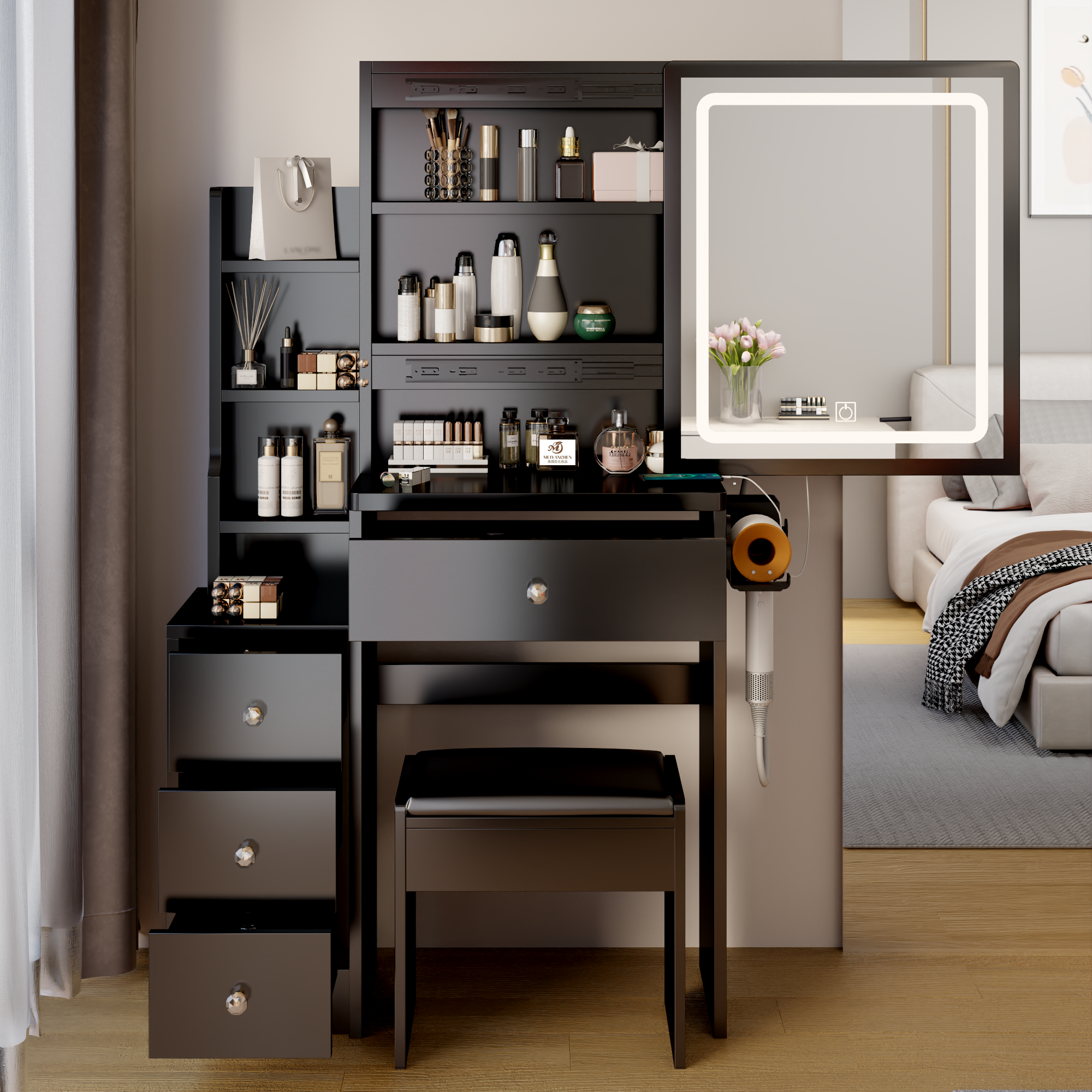 HAOYYE Small Space Left Bedside Cabinet Vanity Table + Cushioned Stool, 2 AC+2 USB Power Station, Hair dryer bracket, Extra Large Touch Control Sliding LED Mirror, Tri-color Switching, Brightness Adjustable