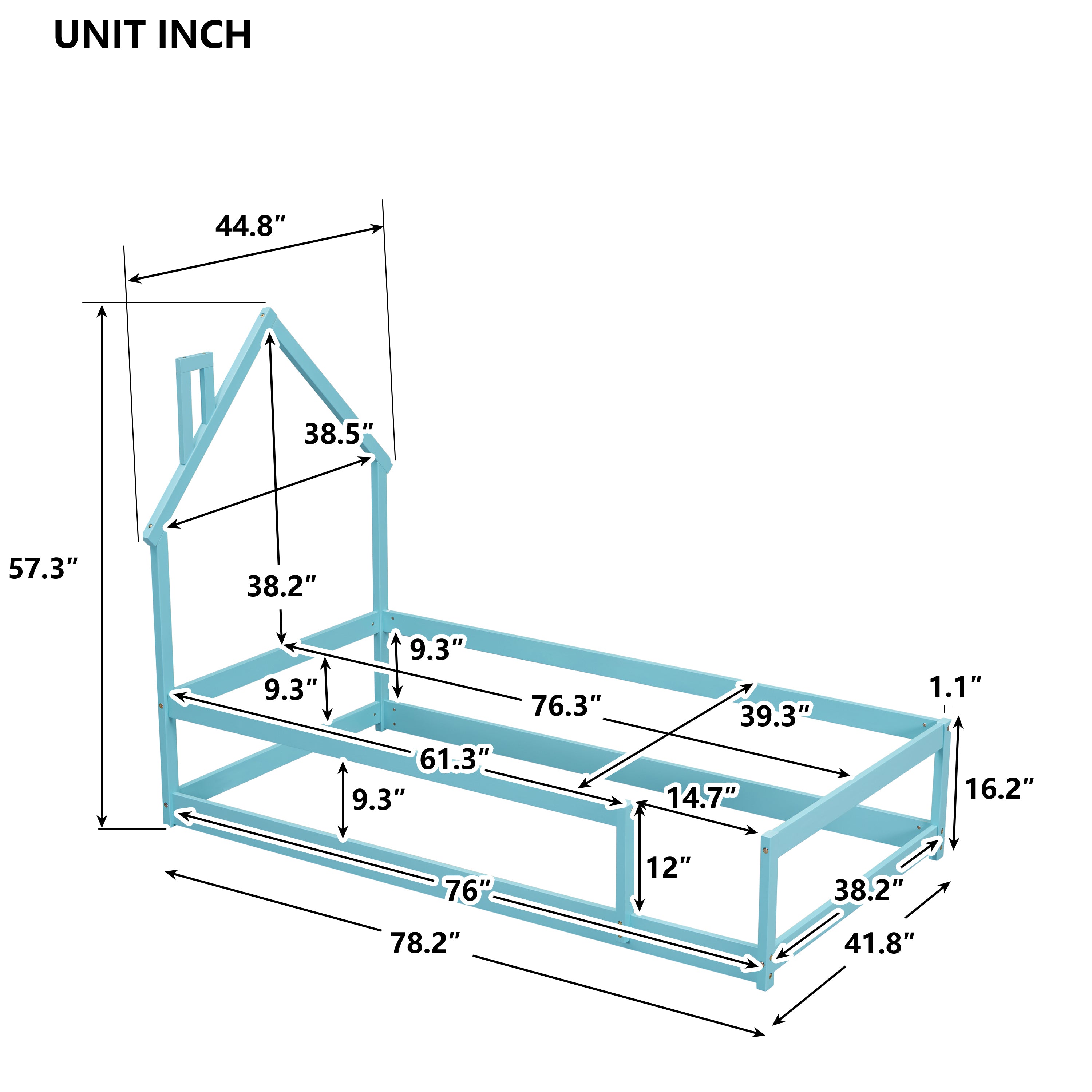 HAOYYE Twin Size Wood Bed with House-Shaped Headboard, Floor Bed with Fences, Sturdy Space-Saving Design, Easy Assembly for Bedroom, Dorm Room, and Modern Home Decor