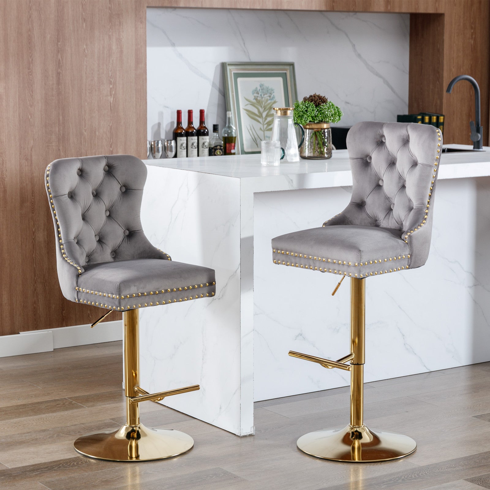 HAOYYE Thick Golden Swivel Velvet Barstools Adjusatble Seat Height from 25-33 Inch, Modern Upholstered Bar Stools with Backs Comfortable Tufted for Home Pub and Kitchen Island (Gray,Set of 2)