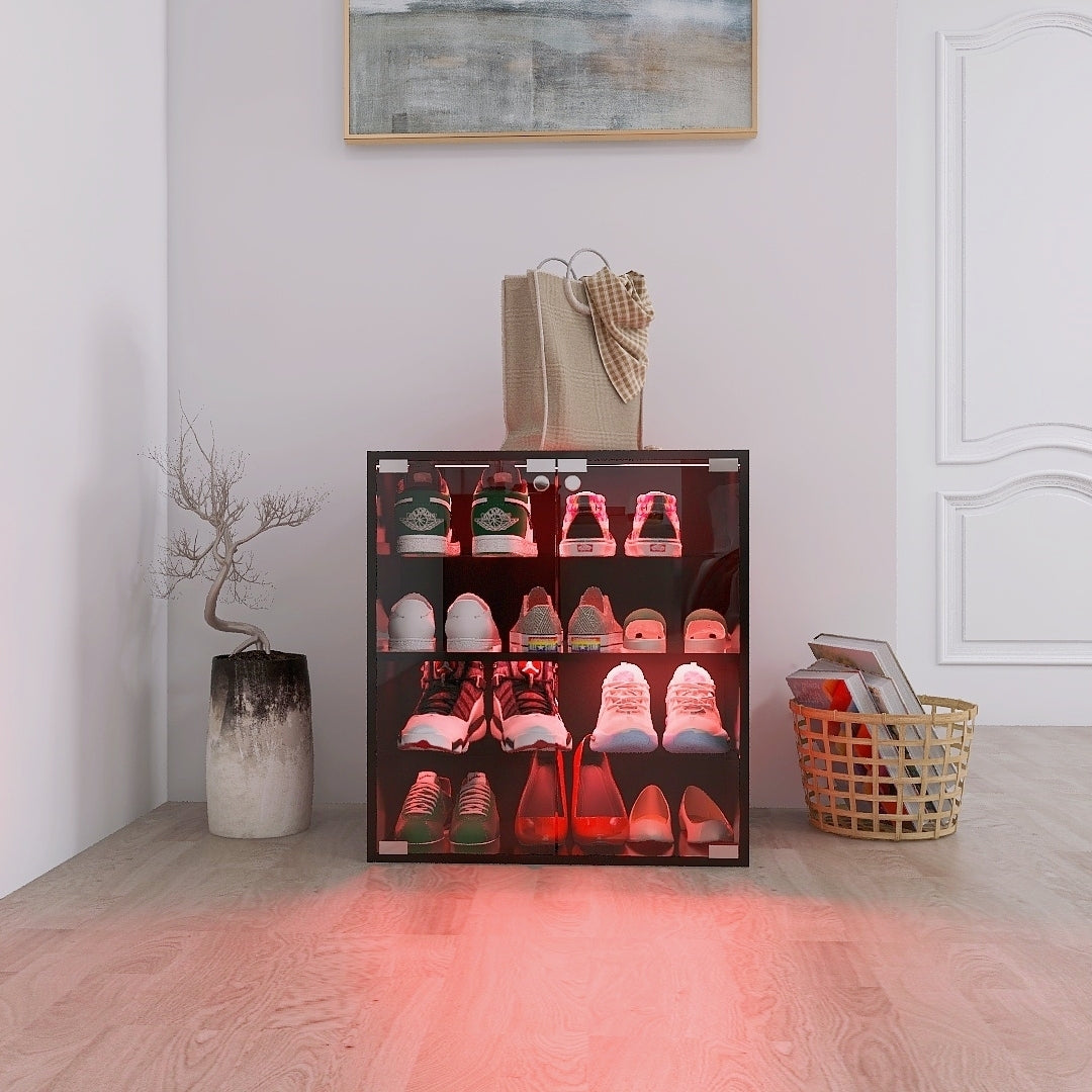 HAOYYE 4 Layers Black Shoe Cabinet with Glass Door and Glass Layer Shoes Display Cabinet with LED light Bluetooth Control Sturdy Space-Saving Heavy Duty Modern Design Adults Dorm Room Easy Assembly