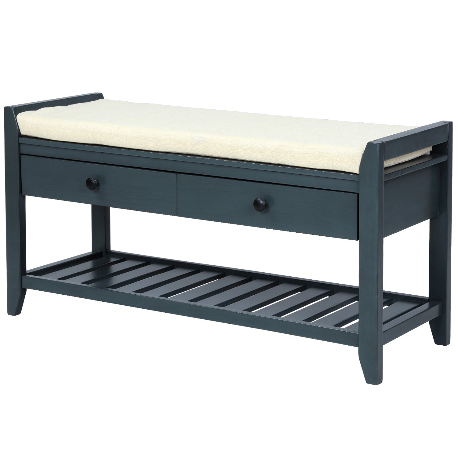 HAOYYE Shoe Rack with Cushioned Seat and Drawers, Multipurpose Entryway Storage Bench, Antique Navy, Sturdy Space-Saving Design, Heavy Duty Construction, Easy Assembly, Durable and Stylish Home Furniture, Versatile for Hallway or Bedroom Use