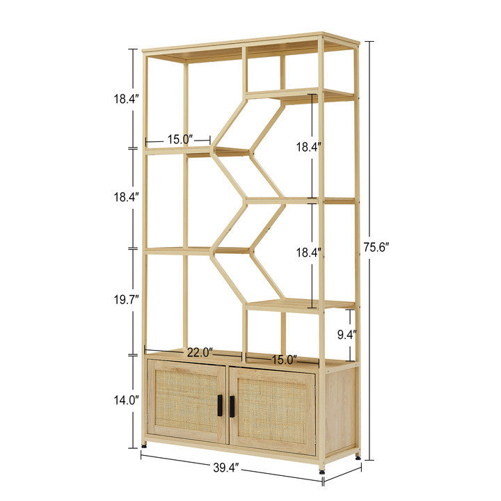 HAOYYE Rattan bookshelf 7 tiers Bookcases Storage Rack with cabinet for Living Room Home Office, Natural, 39.4'' W x 13.8'' D x 75.6'' H. Sturdy Space-Saving Heavy Duty Modern Design Adults Dorm Room