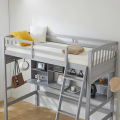 HAOYYE Loft Bed with Shelf & Desk, Inclined Ladder, Gray Twin Wooden Bed, Pine & Particle Board, Space-Saving Design for Kids, Teens, and Dorm Rooms, Sturdy Construction, Easy Assembly, Modern & Functional