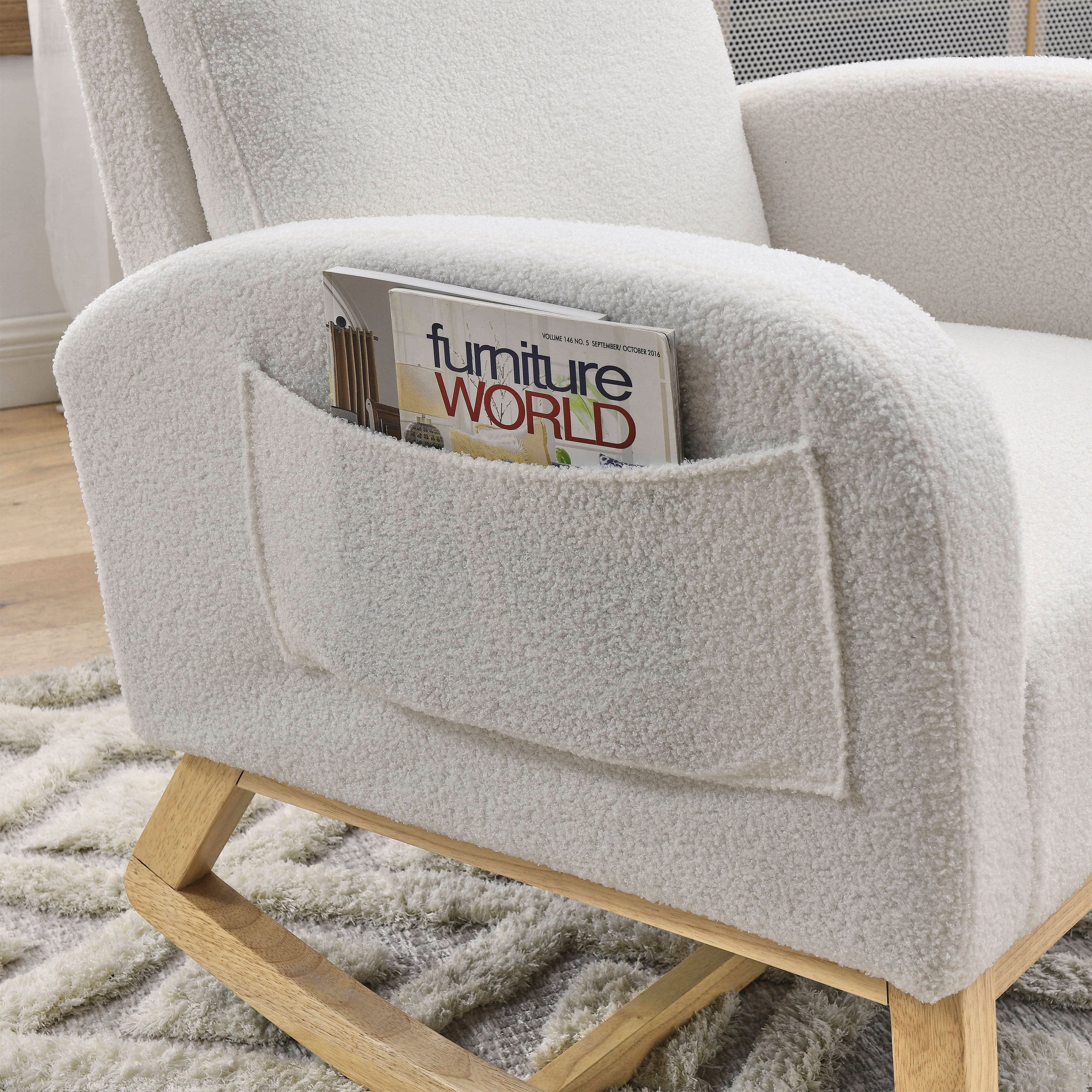 HAOYYE 27.6"W Modern Accent High Backrest Living Room Lounge Arm Rocking Chair, Two Side Pocket ,Teddy White (Ivory) Sturdy Space-Saving Heavy Duty Modern Design Adults Dorm Room