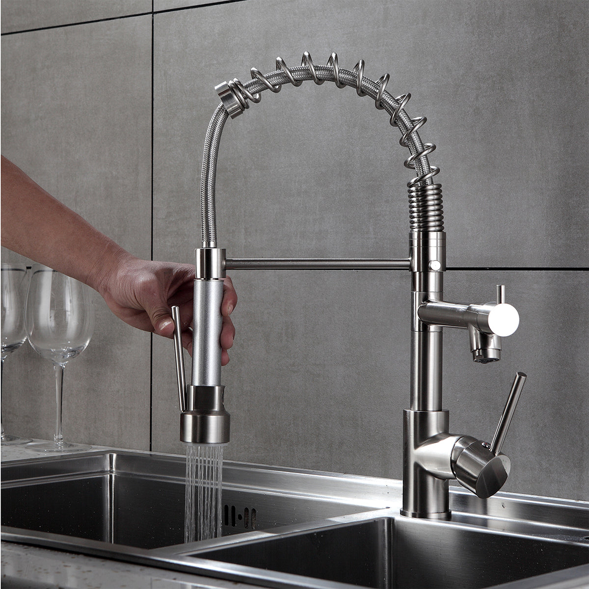HAOYYE Kitchen Faucet with Pull Down Sprayer Brushed Nickel Stainless Steel Single Handle Kitchen Sink Faucets Sturdy Space-Saving Heavy Duty Modern Design Adults Dorm Room Easy Assembly