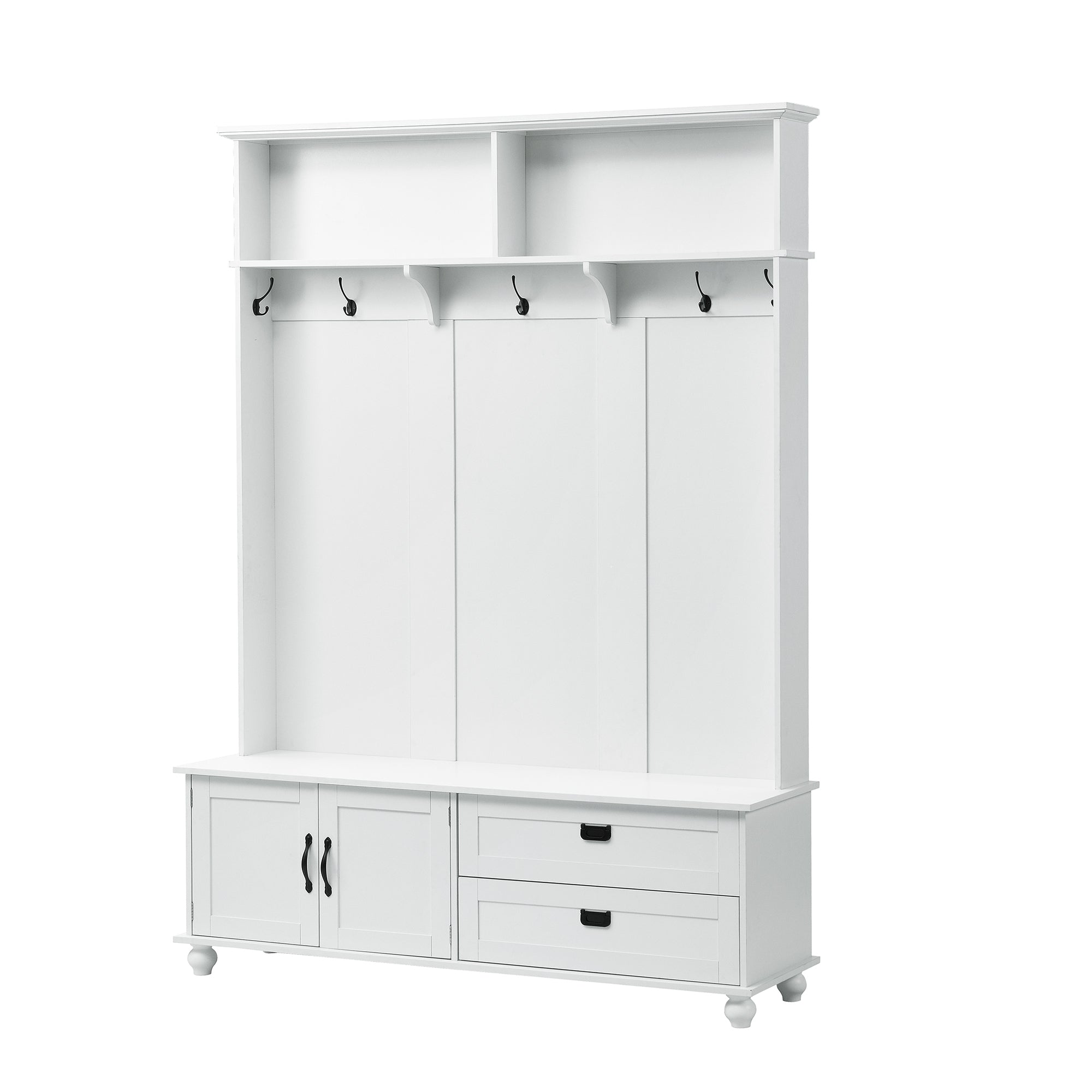 HAOYYE Modern White Hall Tree with Storage Cabinet, 2 Large Drawers, and 5 Coat Hooks, Sturdy Space-Saving Mudroom Bench, Heavy Duty Design for Adults