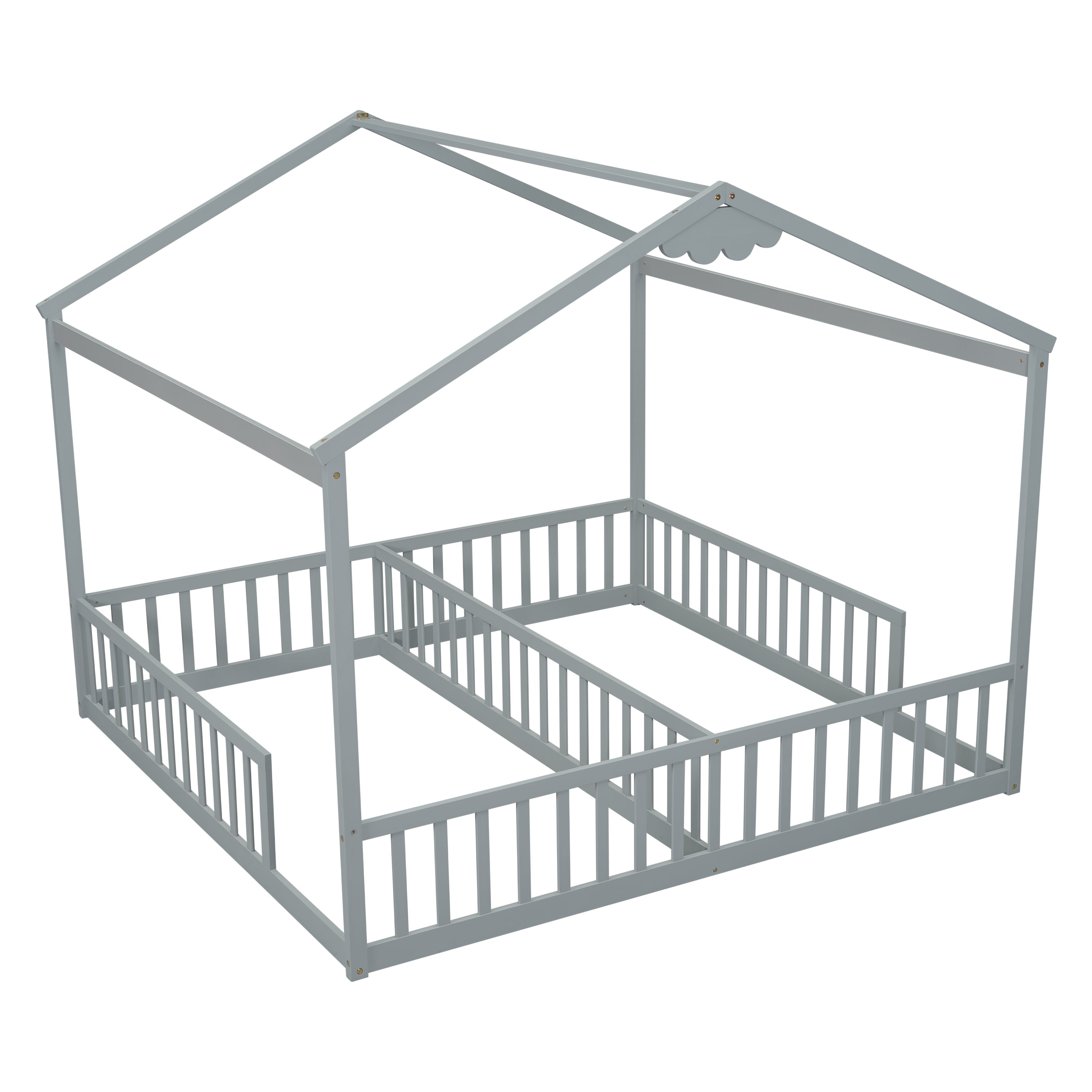 HAOYYE Double Twin House-Style Floor Bed with Fence, Guardrails, without door, Grey Sturdy Space-Saving Heavy Duty Modern Design Adults Dorm Room Easy Assembly Bedroom Furniture