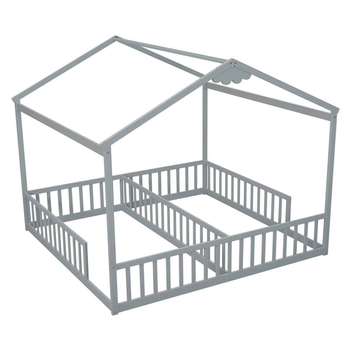 HAOYYE Double Twin House-Style Floor Bed with Fence, Guardrails, without door, Grey Sturdy Space-Saving Heavy Duty Modern Design Adults Dorm Room Easy Assembly Bedroom Furniture