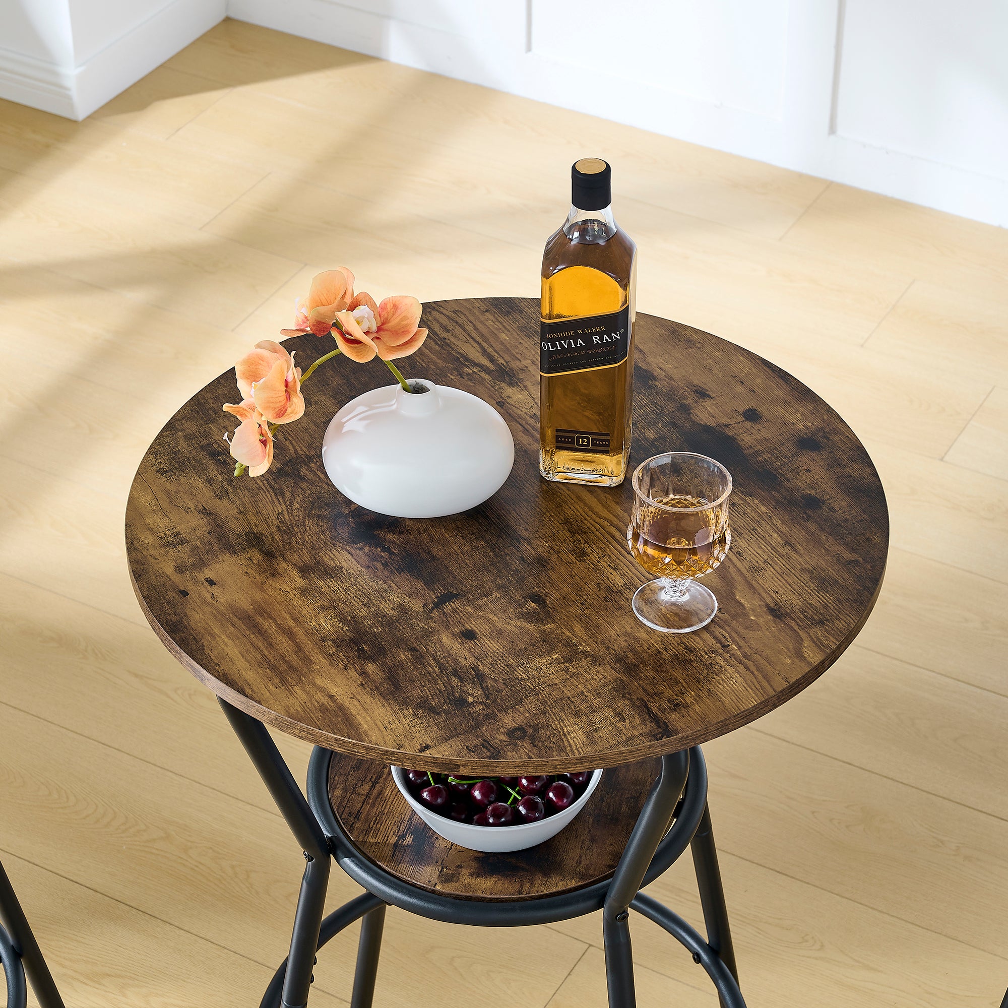 HAOYYE Round bar table and stool set with shelf, upholstered stool with backrest, Rustic Brown, 24.17"W x 24.17"D x 36.02"H Sturdy Space-Saving Heavy Duty Modern Design Adults Dorm Room Easy Assembly