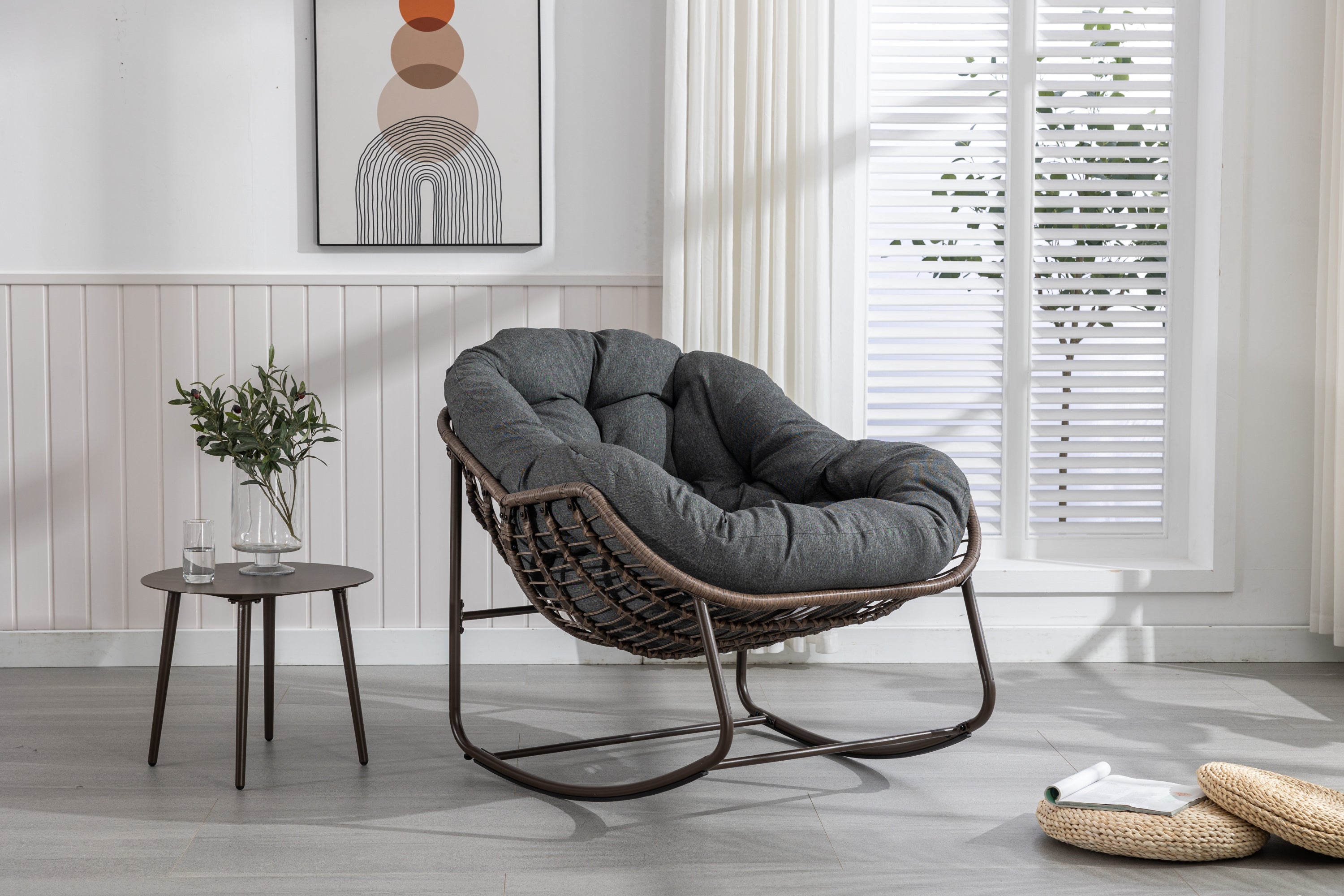 HAOYYE Outdoor Rattan Rocking Chair,Padded Cushion Rocker Recliner Chair Outdoor for Front Porch, Living Room, Patio, Garden, Grey Sturdy Space-Saving Heavy Duty Modern Design Adults Dorm Room