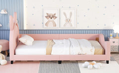 HAOYYE Twin Size Upholstered Daybed with Carton Ears Shaped Headboard, Pink Sturdy Space-Saving Heavy Duty Modern Design Adults Dorm Room Easy Assembly Bedroom Furniture