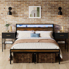 HAOYYE Queen Size Bed Frame, Storage Headboard with LED light, Charging Station, Solid and Stable, Noise Free, No Box Spring Needed, Easy Assembly, Vintage Brown Sturdy Space-Saving Heavy Duty Modern Design
