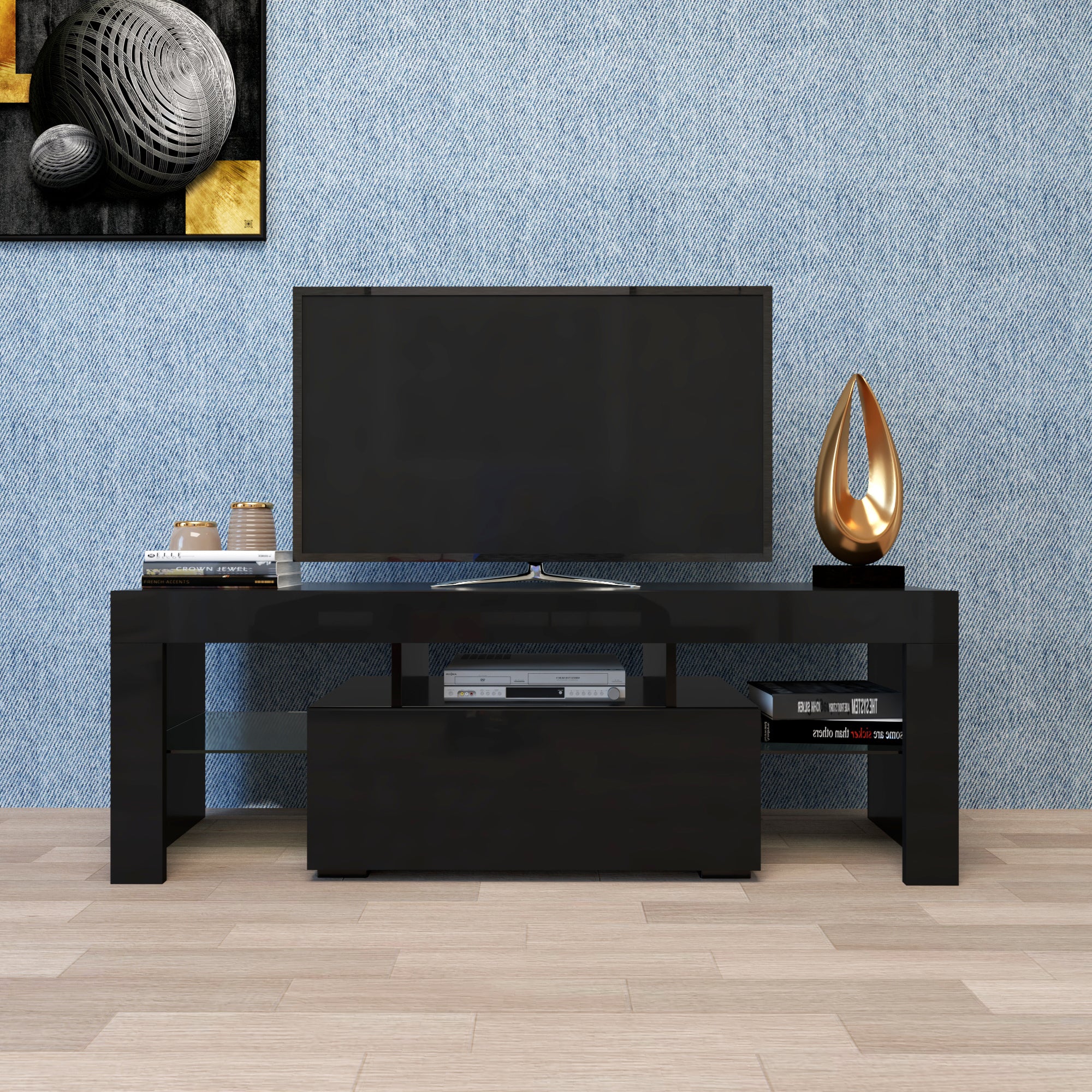 HAOYYE Black TV Stand with LED RGB Lights,Flat Screen TV Cabinet, Gaming Consoles - in Lounge Room, Living Room and Bedroom(Black) Sturdy Space-Saving Heavy Duty Modern Design Easy Assembly Durable Stylish