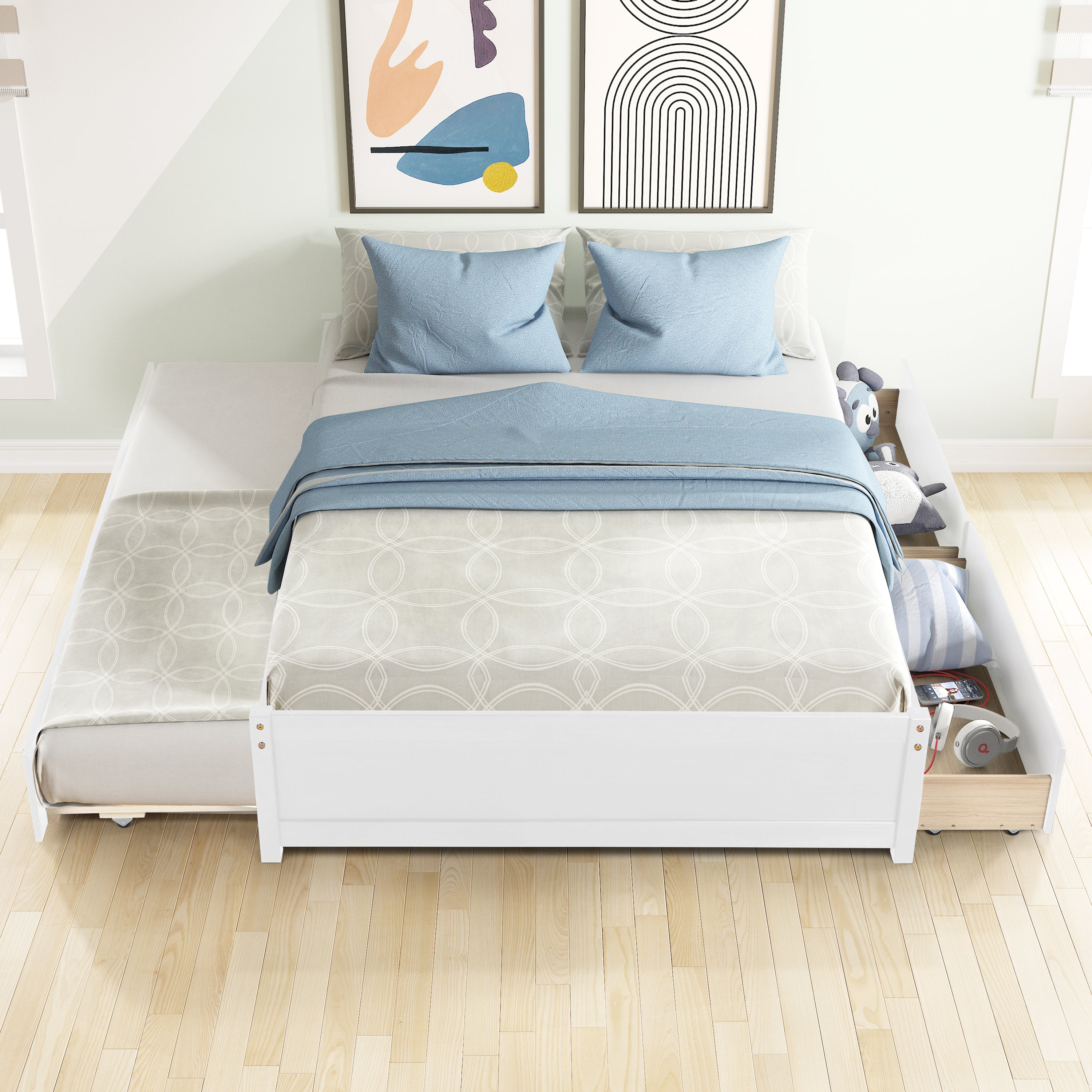 HAOYYE Full Bed with Twin Trundle and Two Drawers, White, Sturdy Space-Saving Design, Heavy Duty Construction, Easy Assembly, Durable and Stylish Home Furniture