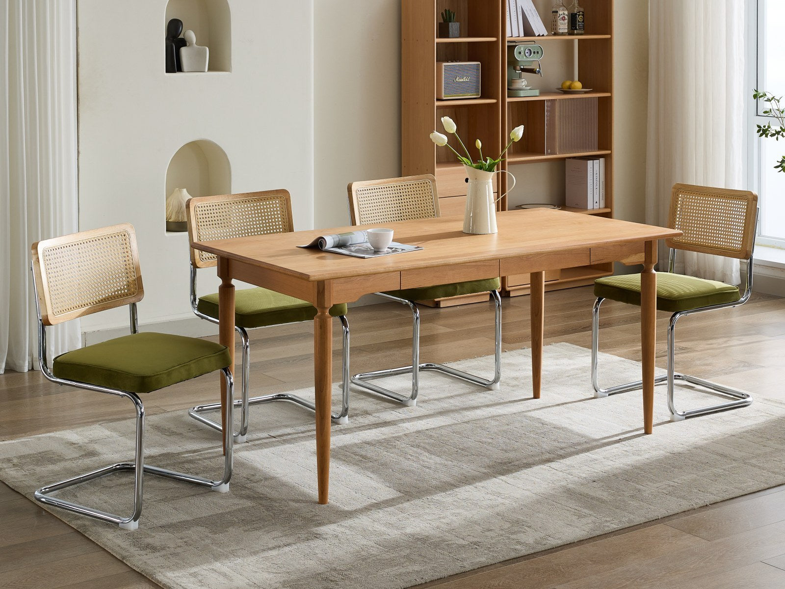 HAOYYE Mid Century Modern Dining Chairs Set of 2, Velvet Accent Chairs with Natural Cane Back & Stainless Chrome Base, Famous Breuer Designed Chairs, Upholstered Rattan Kitchen Chairs,Olive-Green Sturdy