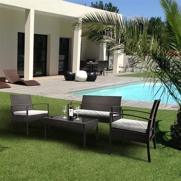 HAOYYE 4 Piece Outdoor Patio Rattan Sofa Set with 2 Arm Chairs, 1 Loveseat and Tempered Glass Coffee Table, Brown Gradient Wicker Furniture with Cushions for Garden Balcony Backyard Deck