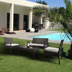 HAOYYE 4 Piece Outdoor Patio Rattan Sofa Set with 2 Arm Chairs, 1 Loveseat and Tempered Glass Coffee Table, Brown Gradient Wicker Furniture with Cushions for Garden Balcony Backyard Deck