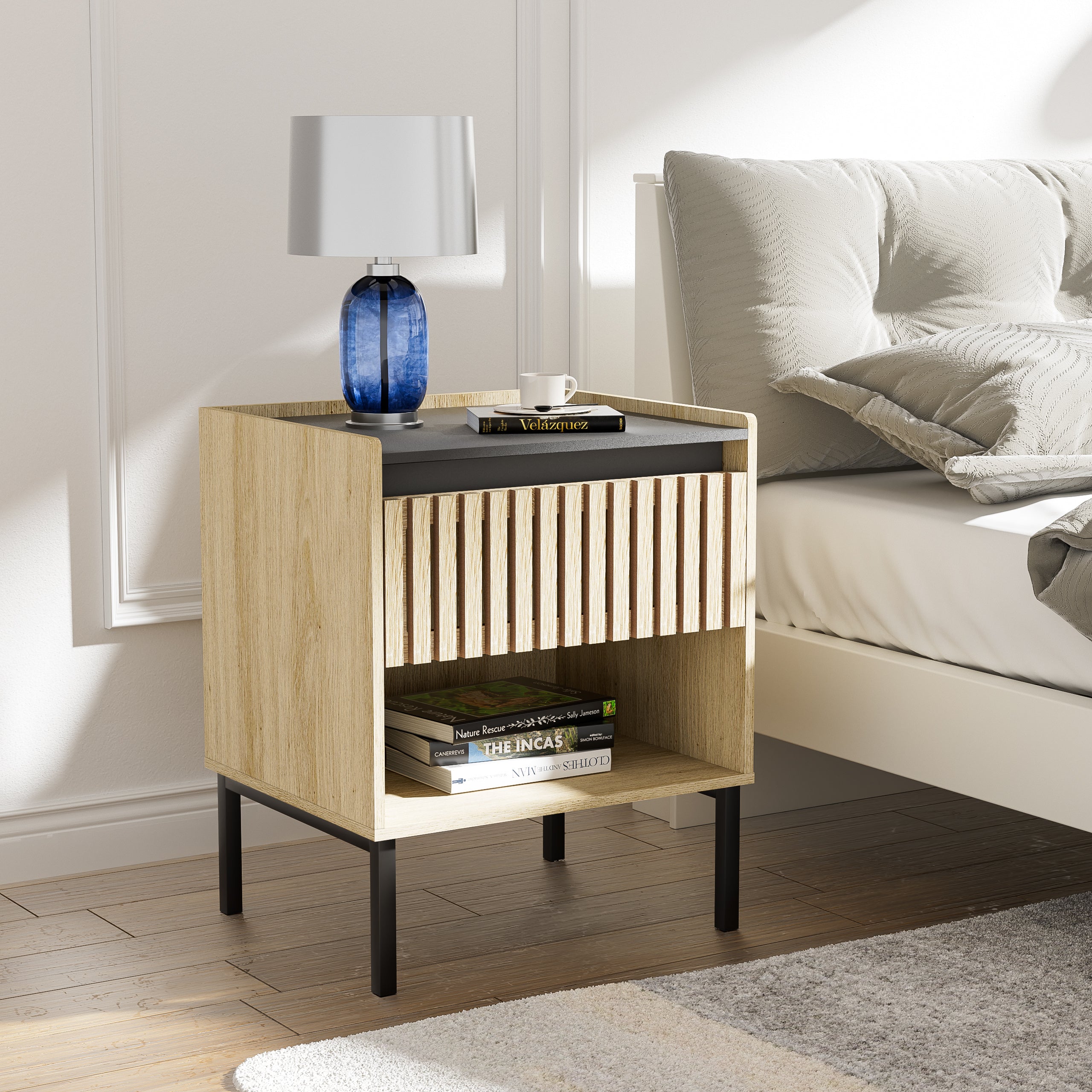 HAOYYE Set of 2 Bedside Cabinets, Modern Nightstands, Quick Assembly, Minimalist Iron Legs, Vertical Stripe Design, Sturdy Space-Saving Heavy Duty Construction, Ideal for Contemporary Homes