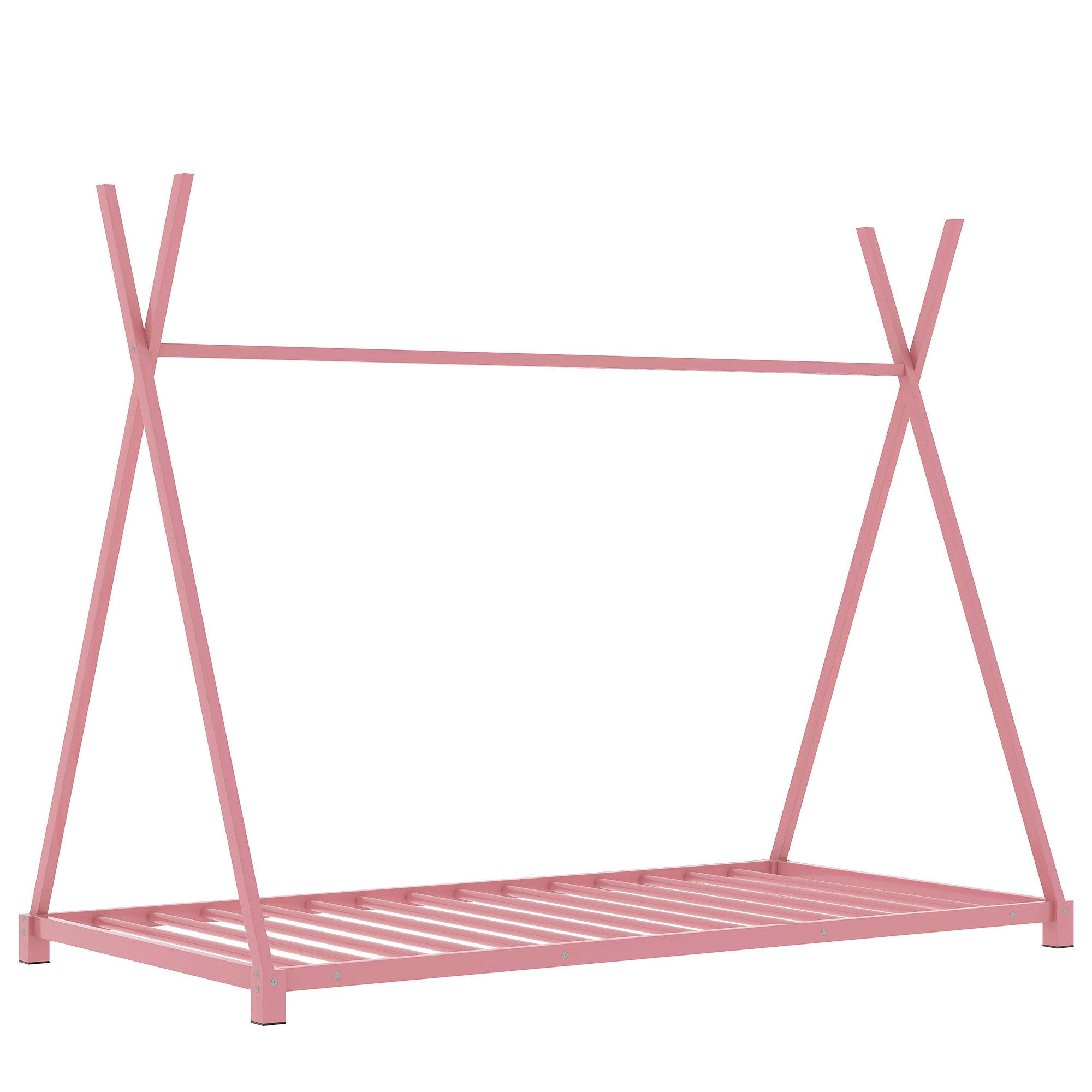 HAOYYE Metal Twin Size House Platform Bed with Triangle Structure, Pink Sturdy Space-Saving Heavy Duty Modern Design Adults Dorm Room Easy Assembly Bedroom Furniture