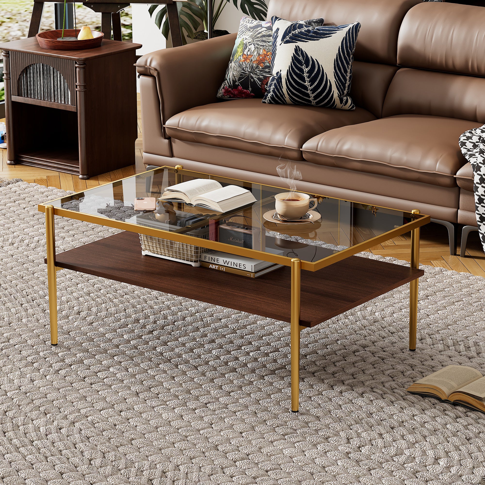 HAOYYE Rectangle Coffee Table with Gray Tempered Glass top and Golden Legs, Modern Table for Living Room Sturdy Space-Saving Heavy Duty Modern Design Adults Dorm Room Easy Assembly Bedroom Furniture