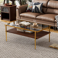 HAOYYE Rectangle Coffee Table with Gray Tempered Glass top and Golden Legs, Modern Table for Living Room Sturdy Space-Saving Heavy Duty Modern Design Adults Dorm Room Easy Assembly Bedroom Furniture