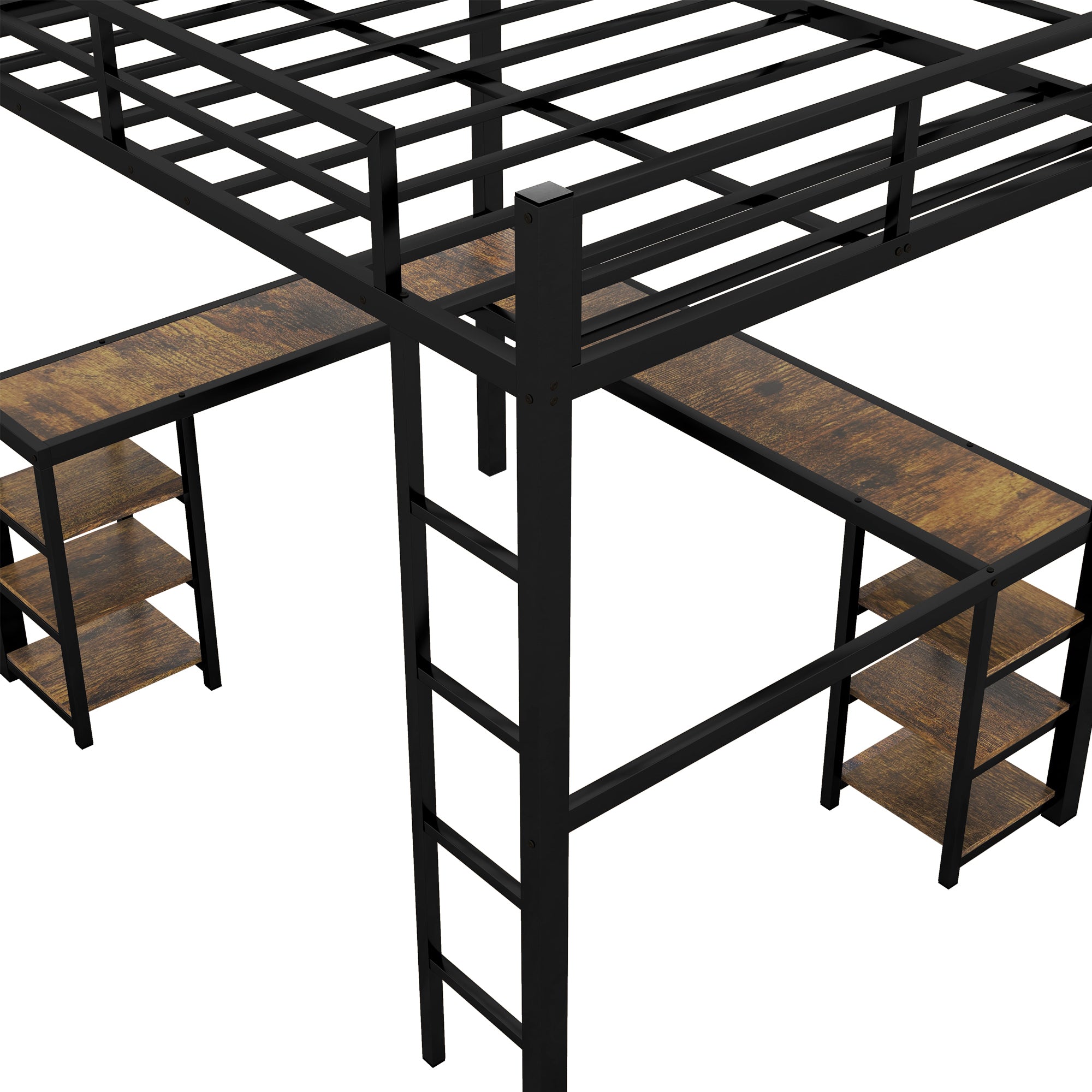 HAOYYE Full Metal Loft Bed with Desk and Shelves, Loft Bed with Ladder and Guardrails, Loft Bed Frame for Bedroom, Black with Vintage wood-colored desk Sturdy Space-Saving Heavy Duty Modern Design