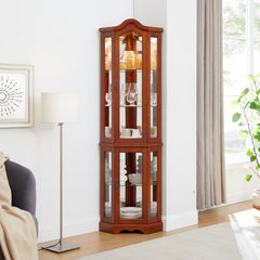 HAOYYE Corner Curio Cabinet with Adjustable Tempered Glass Shelves, Mirrored Back, LED Lights, Elegant Display Cabinet in Walnut Finish, Sturdy Space-Saving Design, Modern Heavy Duty Storage for Home, Office, Living Room