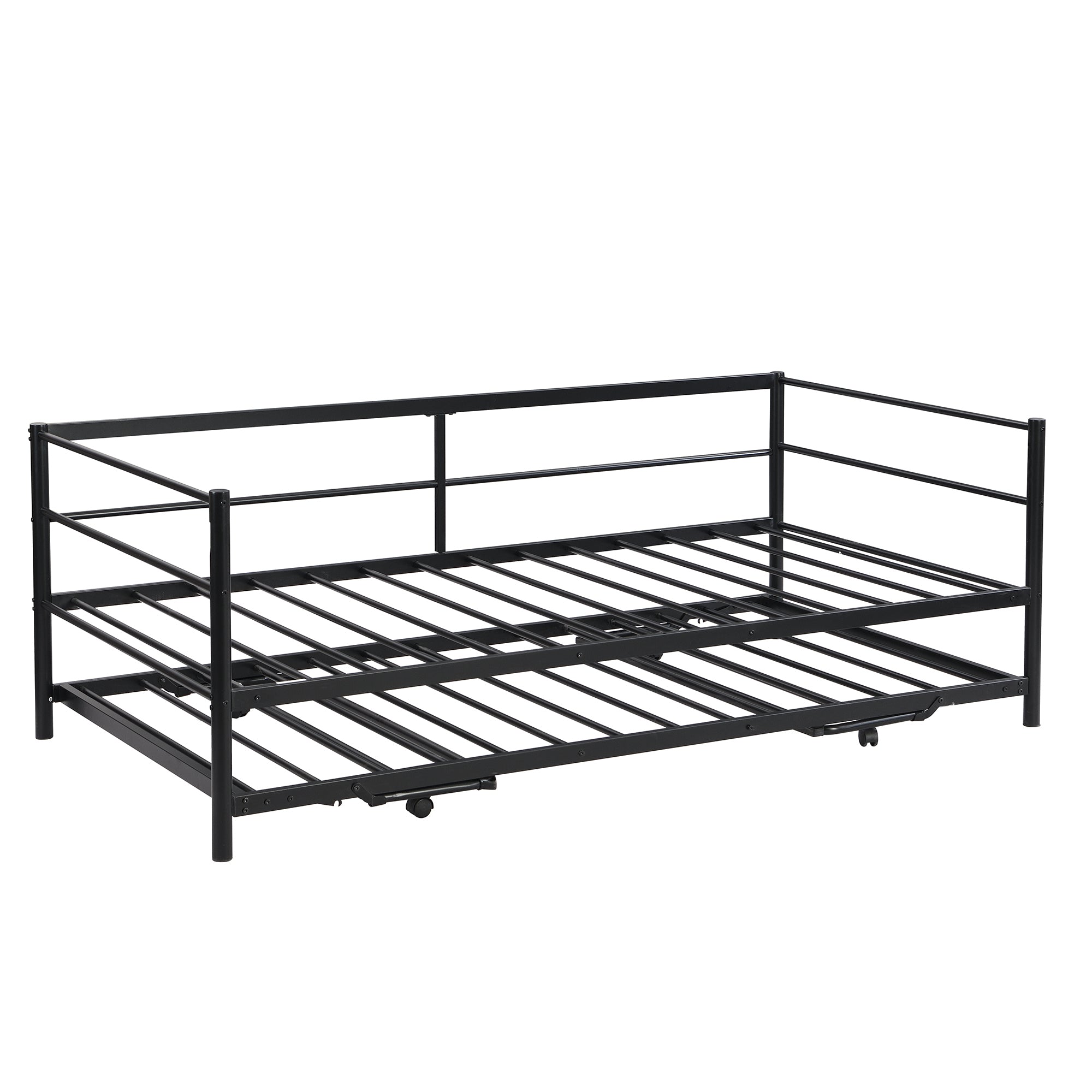 HAOYYE Twin Size Metal Daybed with Adjustable Trundle, Pop Up Trundle, Black Sturdy Space-Saving Heavy Duty Modern Design Adults Dorm Room Easy Assembly Bedroom Furniture