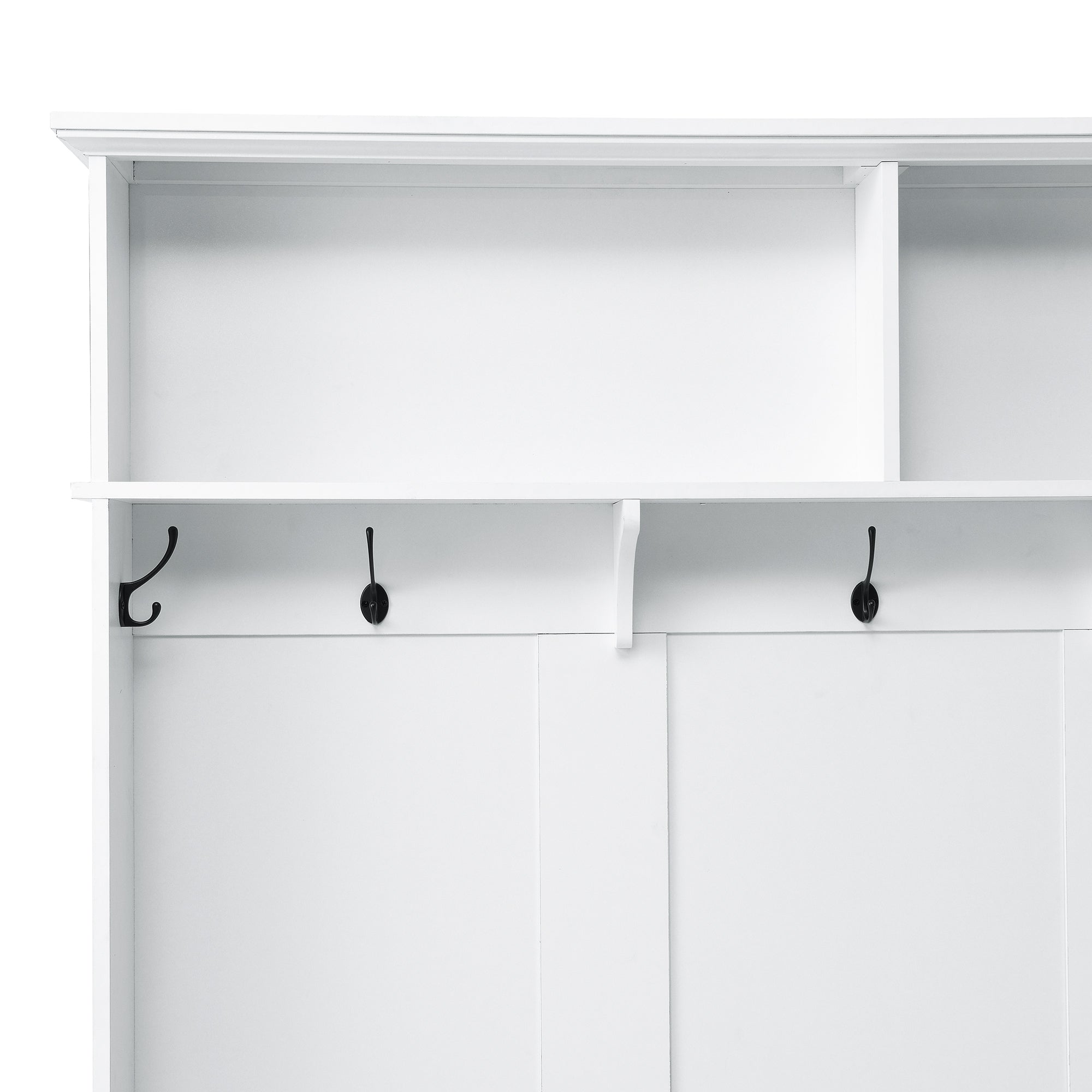 HAOYYE Modern White Hall Tree with Storage Cabinet, 2 Large Drawers, and 5 Coat Hooks, Sturdy Space-Saving Mudroom Bench, Heavy Duty Design for Adults