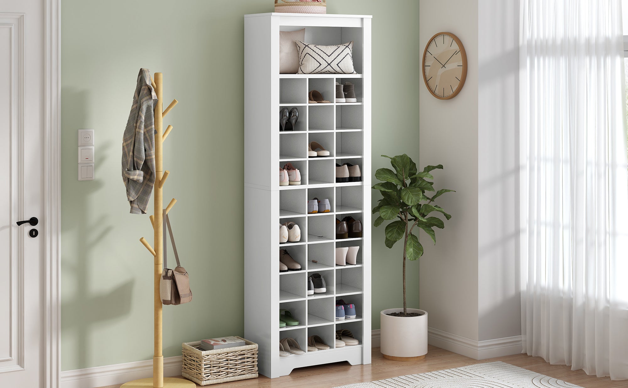 HAOYYE ON-TREND Stylish Design 30 Shoe Cubby Console, Contemporary Shoe Cabinet with Multiple Storage Capacity, Free Standing Tall Cabinet with Versatile Use for Hallway, Bedroom, White Sturdy Space-Saving