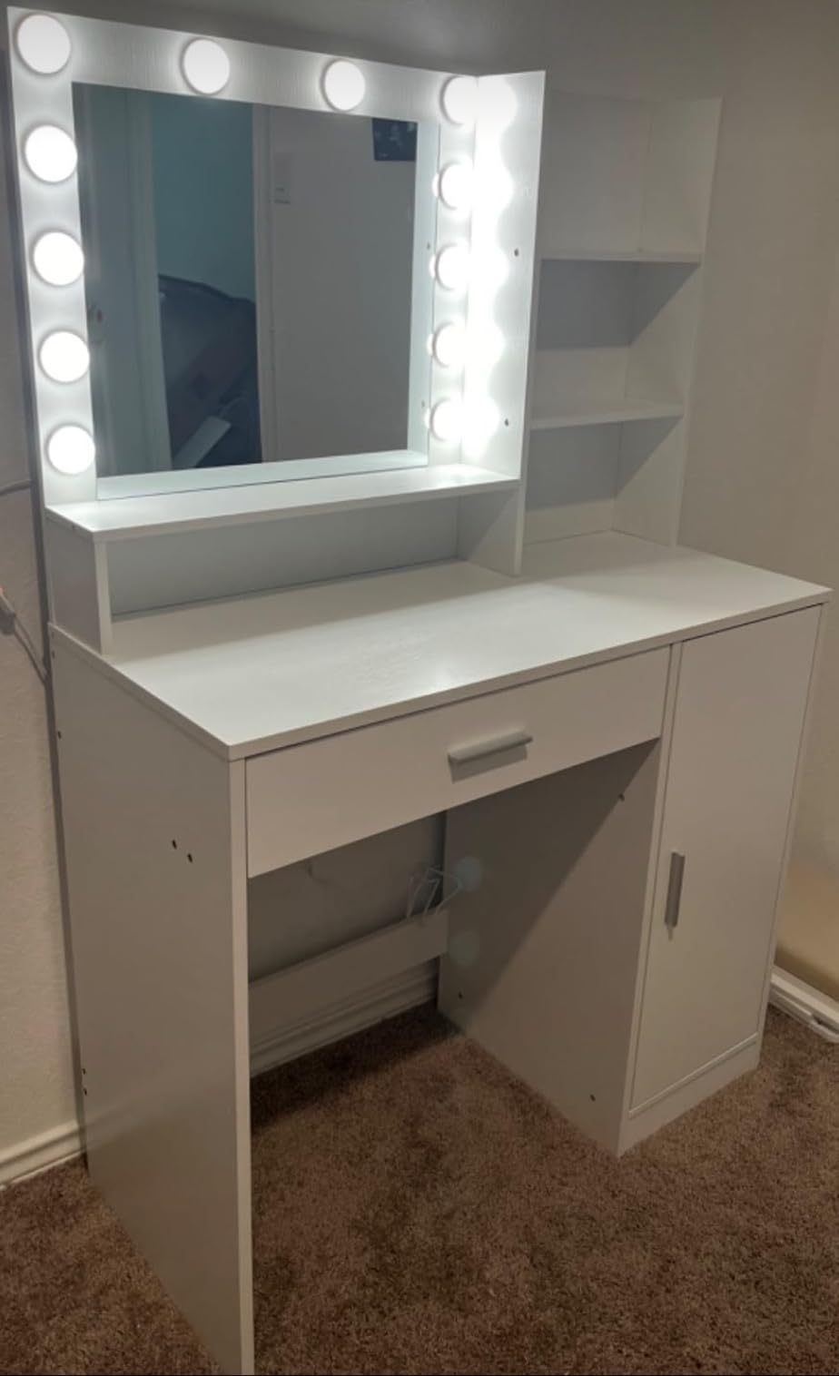 HAOYYE Vanity Desk with Mirror and Light, Three-Level Storage Dresser, Large Drawer, Adjustable Brightness with Three Lighting Modes, White, Sturdy Space-Saving Design, Heavy Duty Construction, Modern and Stylish Home Furniture