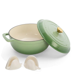 HAOYYE Cast Iron 5QT Cooking Pot Gradient Green Enamel Coating Includes Two Silicone Gloves Heavy Duty Durable Dutch Oven for Stovetop Oven and Outdoor Cooking Perfect for Stews Soups Casseroles and Everyday Meals