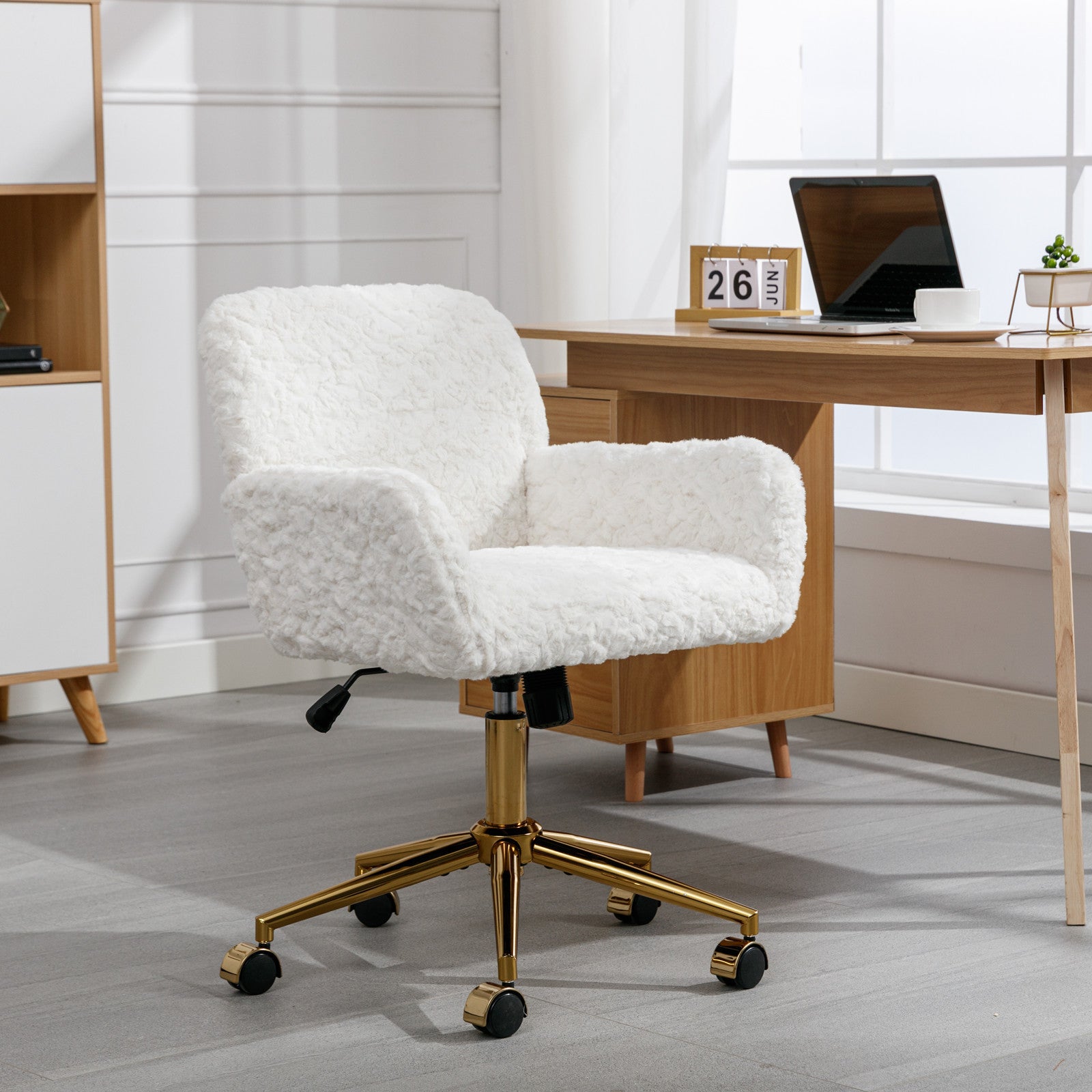 HAOYYE Artificial Rabbit Hair Home Office Chair With Golden Metal Base, Adjustable Swivel Desk Chair, Modern Beige Vanity Chair, Sturdy Space-Saving Heavy Duty Design
