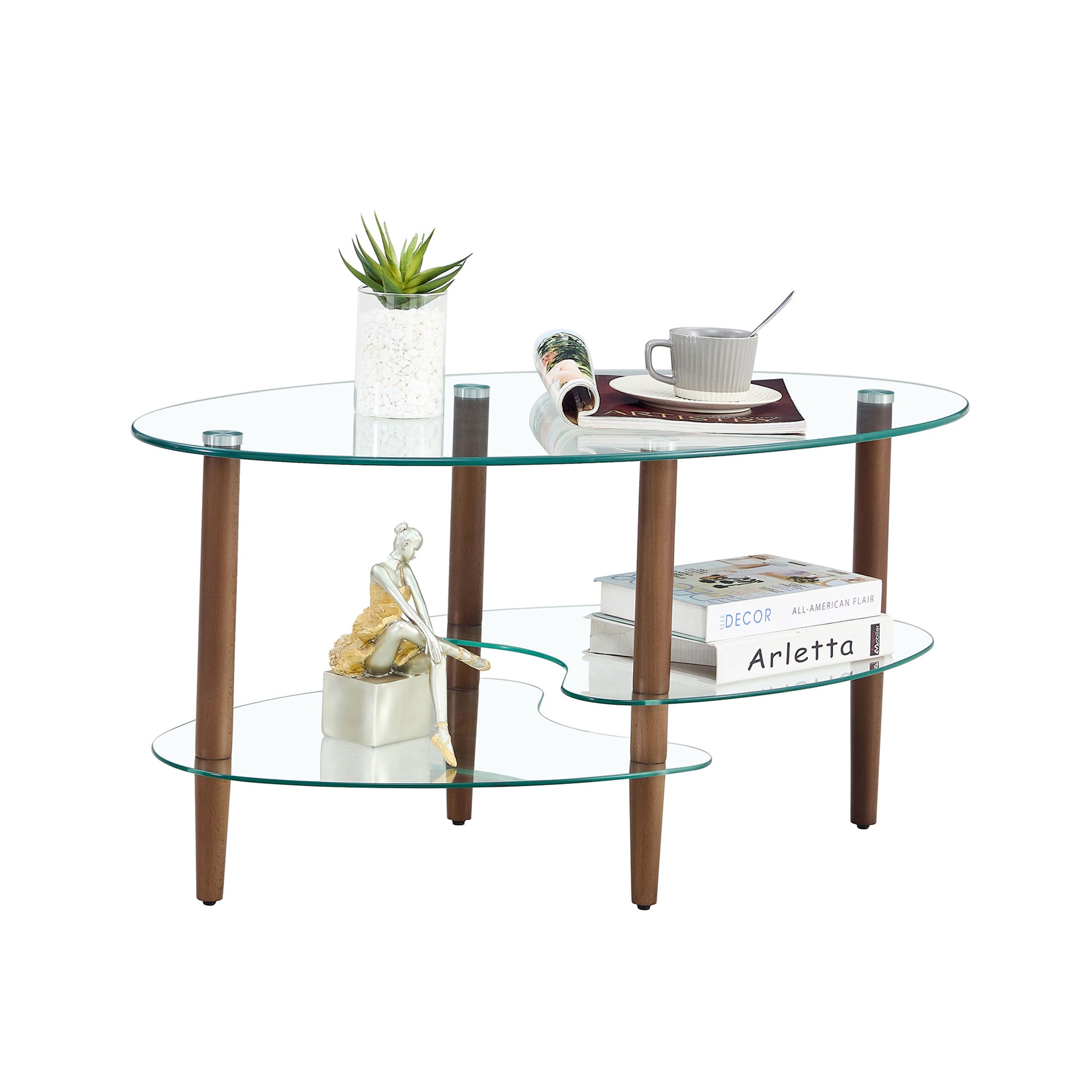 HAOYYE Transparent Oval glass coffee table, modern table in living room Oak wood leg tea table 3-layer glass table Sturdy Space-Saving Heavy Duty Modern Design Adults Dorm Room Easy Assembly