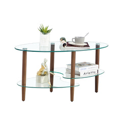 HAOYYE Transparent Oval glass coffee table, modern table in living room Oak wood leg tea table 3-layer glass table Sturdy Space-Saving Heavy Duty Modern Design Adults Dorm Room Easy Assembly