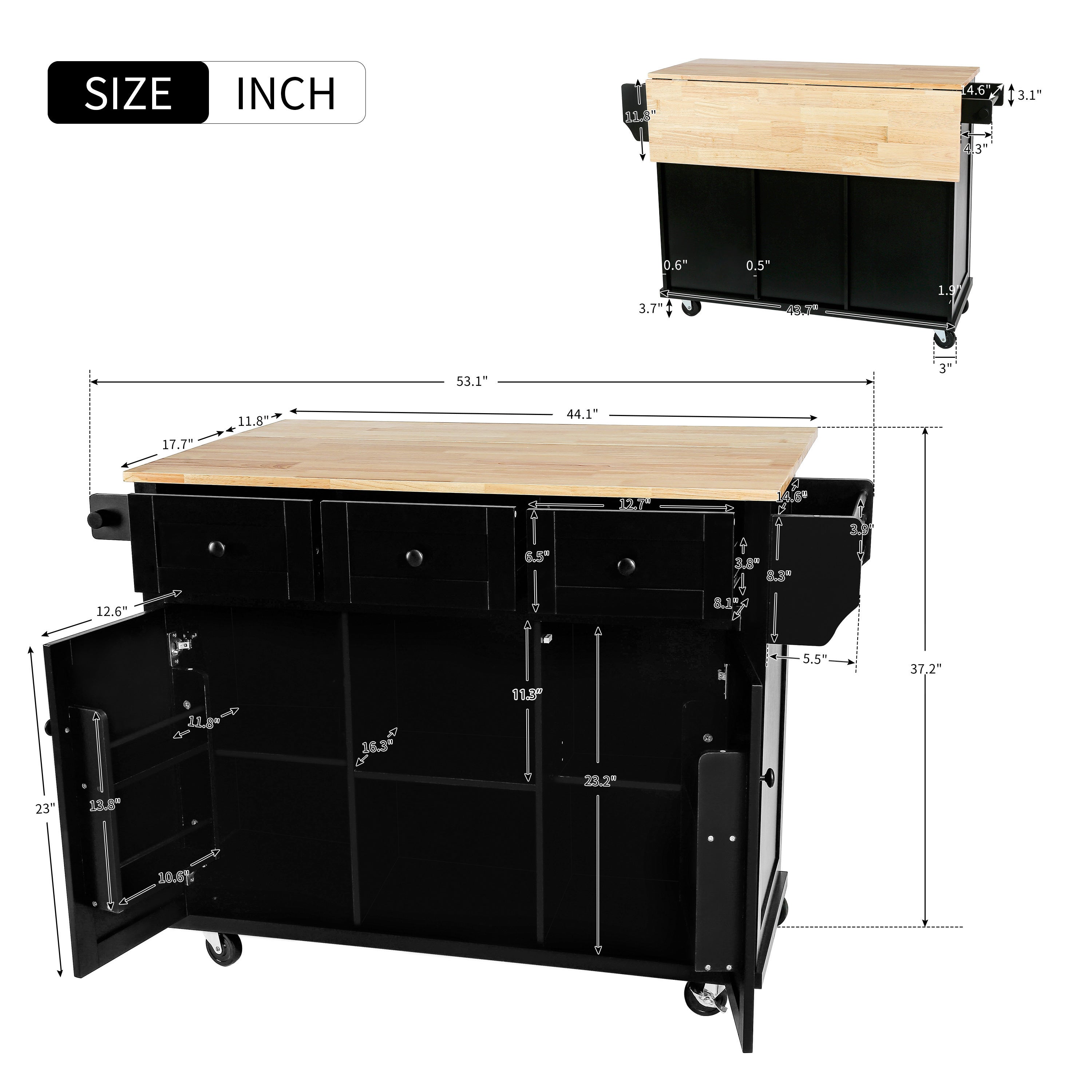 HAOYYE Kitchen Cart with Rubberwood Drop-Leaf Countertop, Internal Storage Racks, 5-Wheel Kitchen Island with Storage Cabinet and 3 Drawers, Black, Sturdy Space-Saving Design, Durable and Stylish Home Furniture