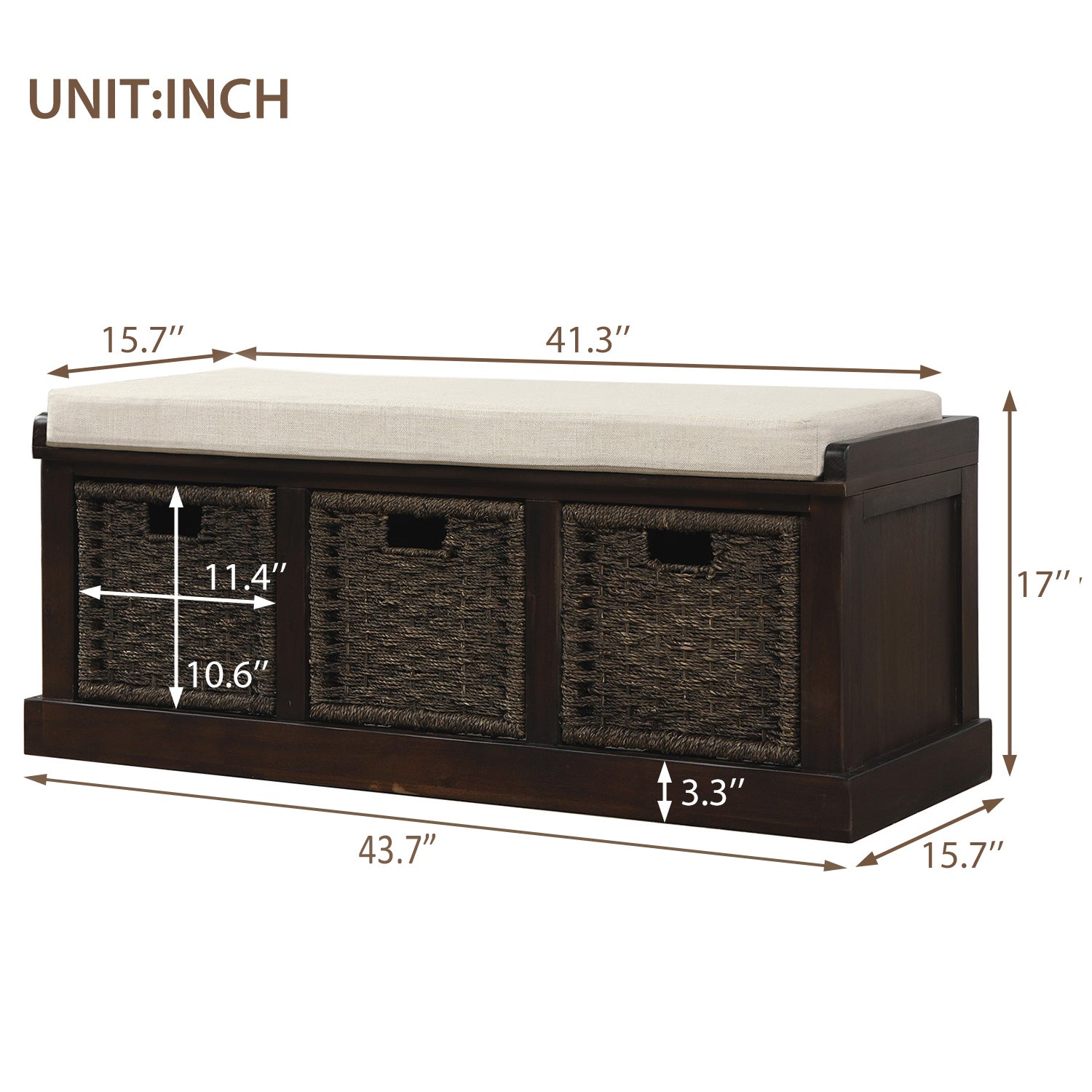 HAOYYE Rustic Storage Bench with 3 Removable Classic Rattan Basket , Entryway Bench with Removable Cushion (Espresso) Sturdy Space-Saving Heavy Duty Modern Design Easy Assembly Durable Stylish